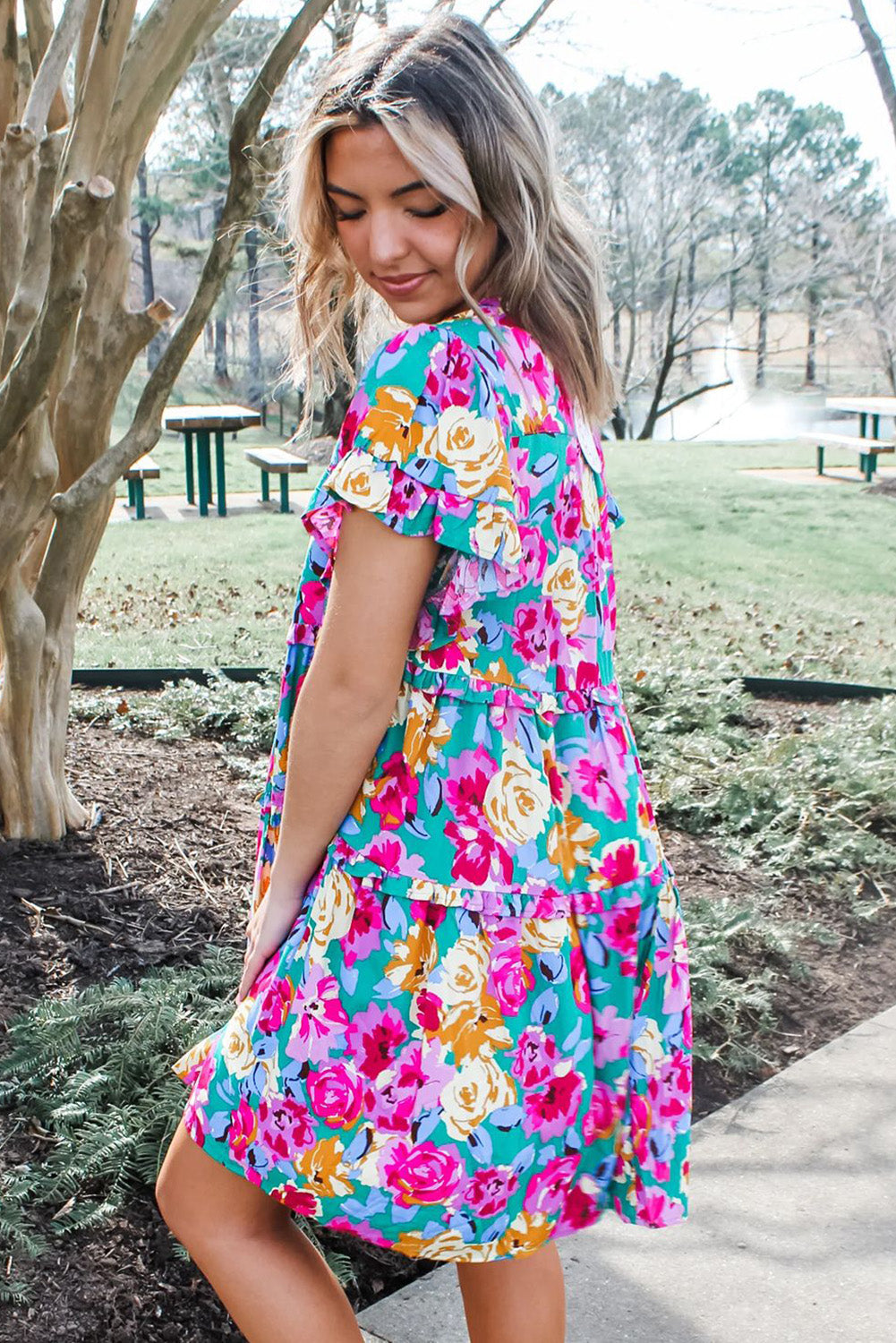 Green Rose Floral Print Ruffled Short Dress BB Fashion Outlet
