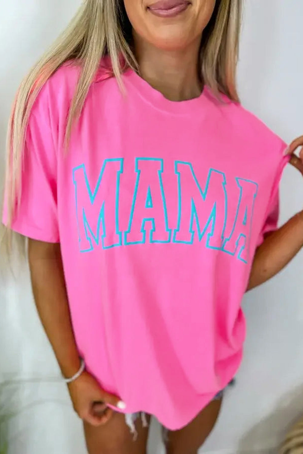 Bright Pink MAMA Letter Graphic Neon T Shirt eAura