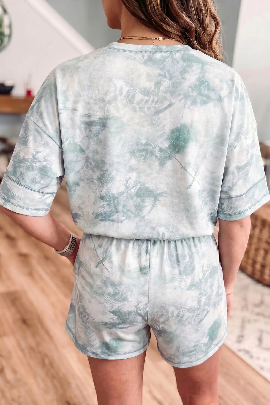 Casual Camouflage Short Sleeve Elastic Waist 2pcs Set – Green