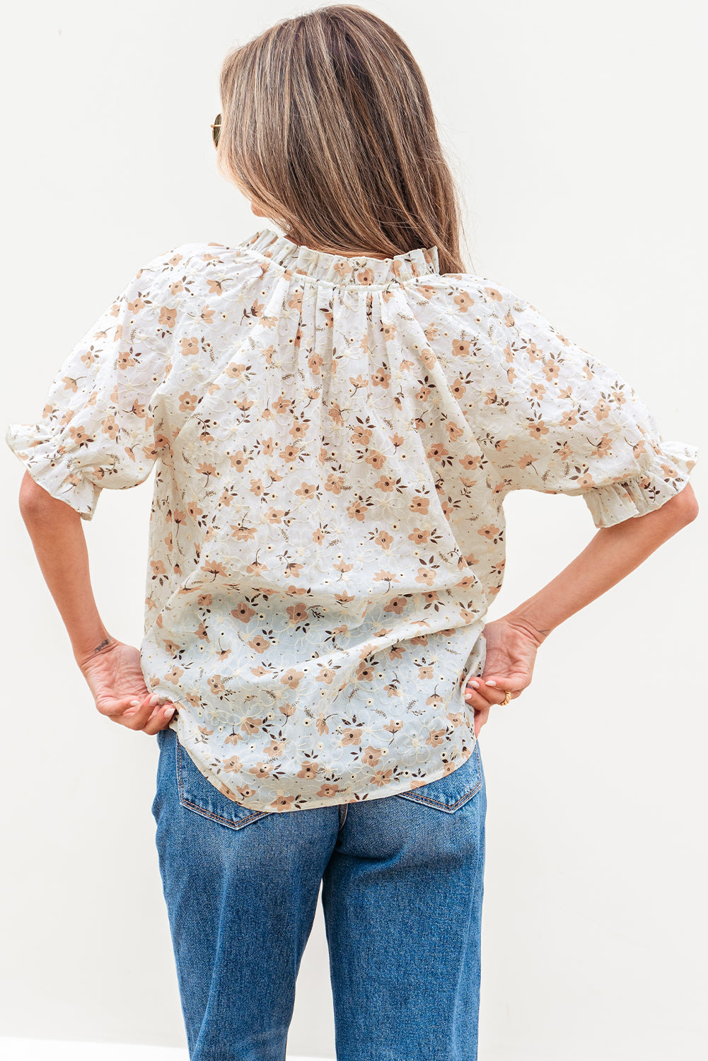 White Floral Eyelet Embroidered Puff Sleeve Notch V Neck Blouse eAura