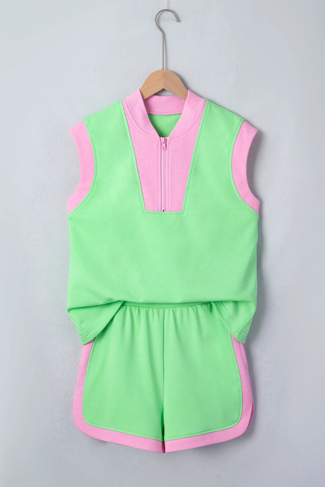 Colour Block Accent Half Zip Top Athleisure Shorts Set – Green