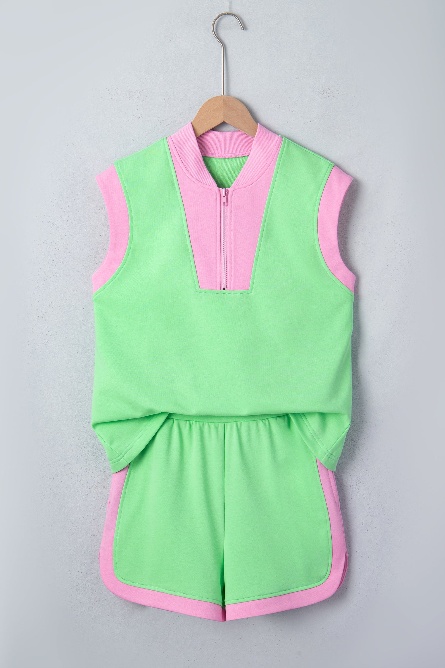 Color Block Accent Half Zip Top Athleisure Shorts Set – Green