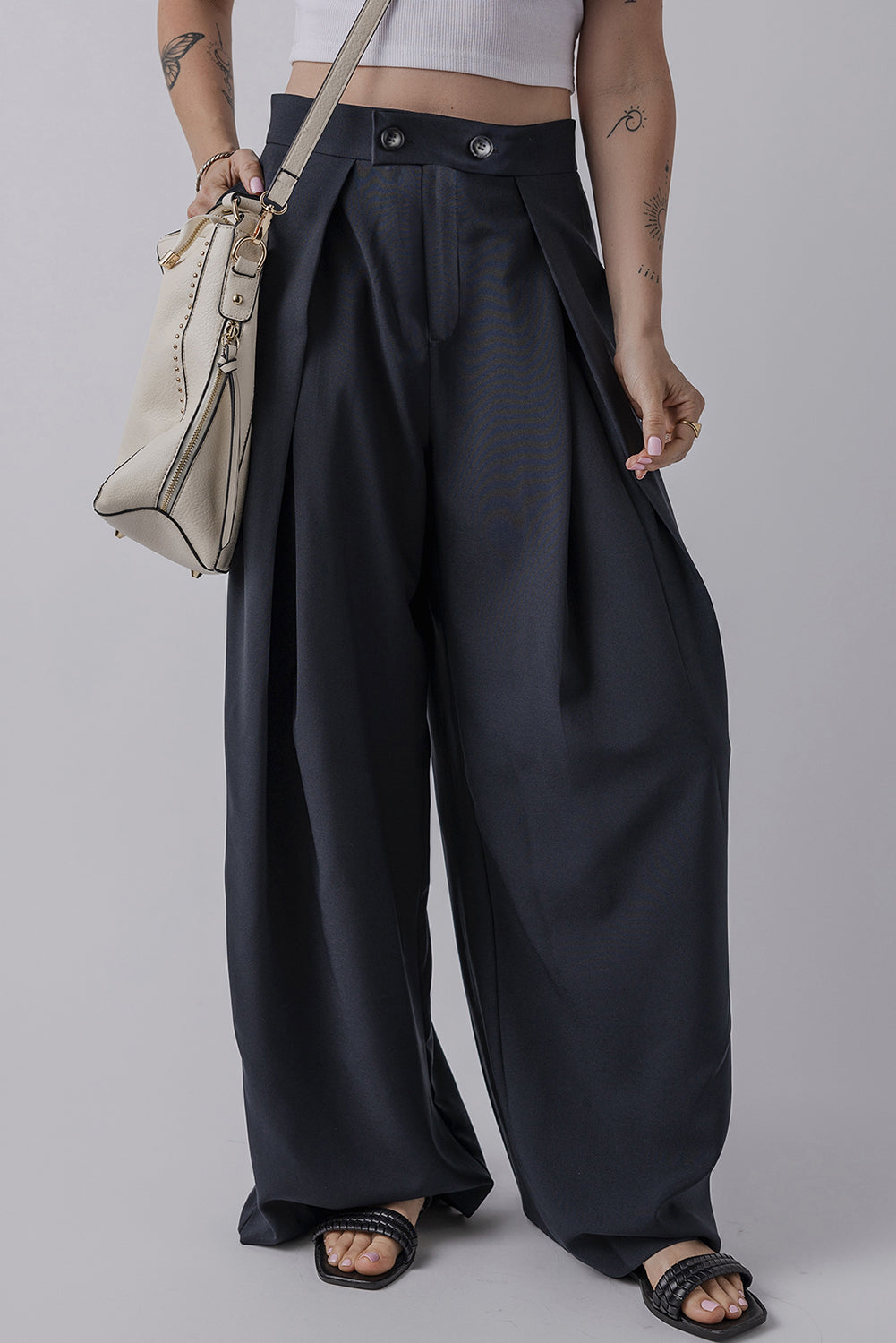 Dirty blue Dual Buttoned High Waist Pleated Wide Leg Trousers BB Fashion Outlet