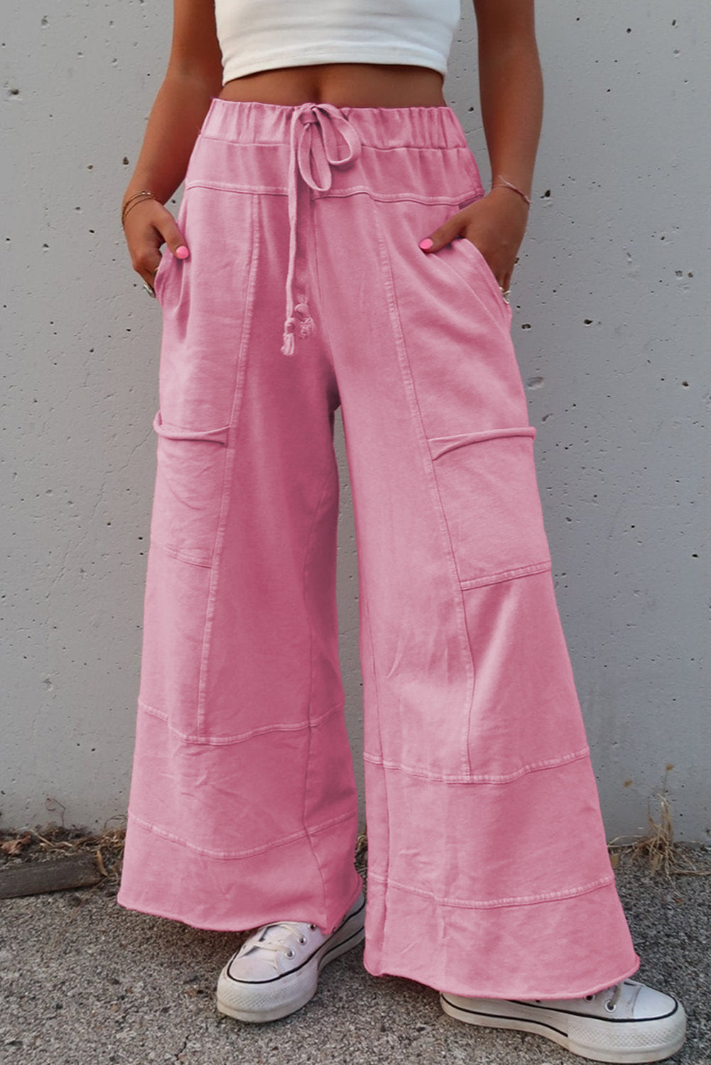 Mineral Wash Exposed Seam Drawstring High Waist Wide Leg Cargo Pants BB Fashion Outlet