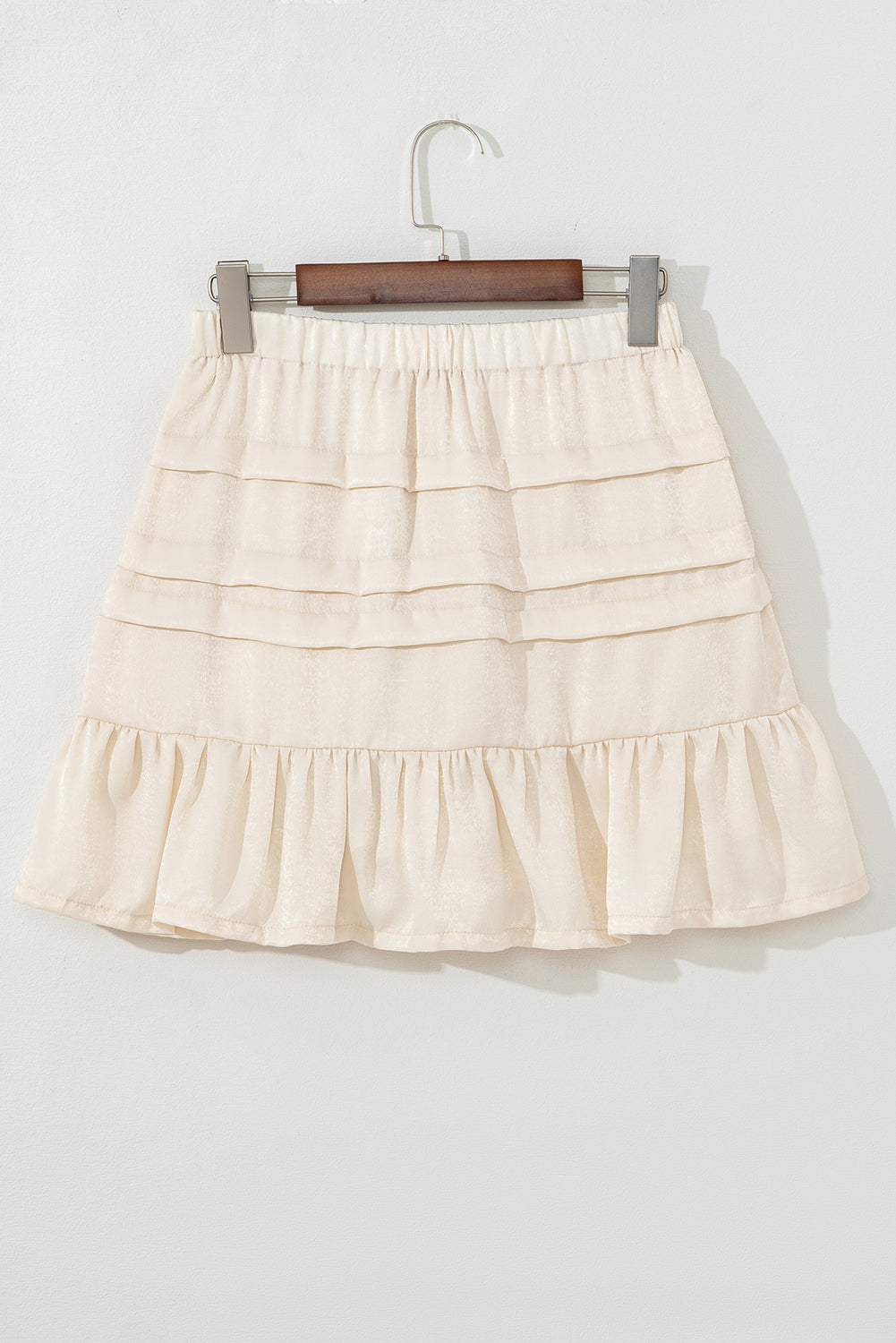 Beige Tiered Ruffled Hemline Elastic Waist Mini Skirt eAura