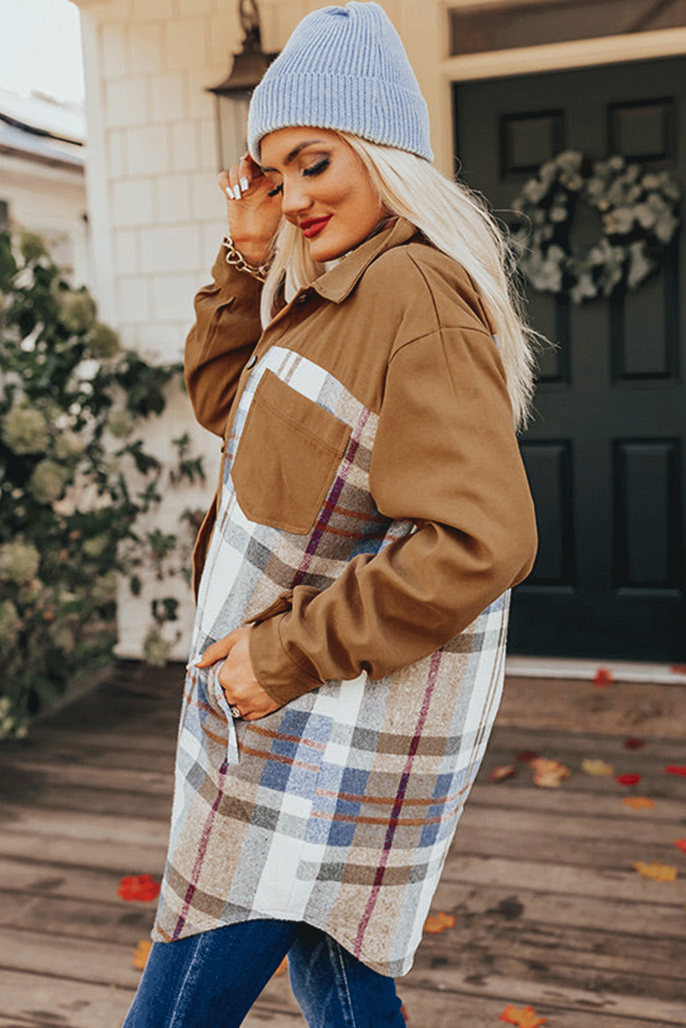 Khaki Plaid Patchwork Long Sleeve Shirt Mini Dress eAura