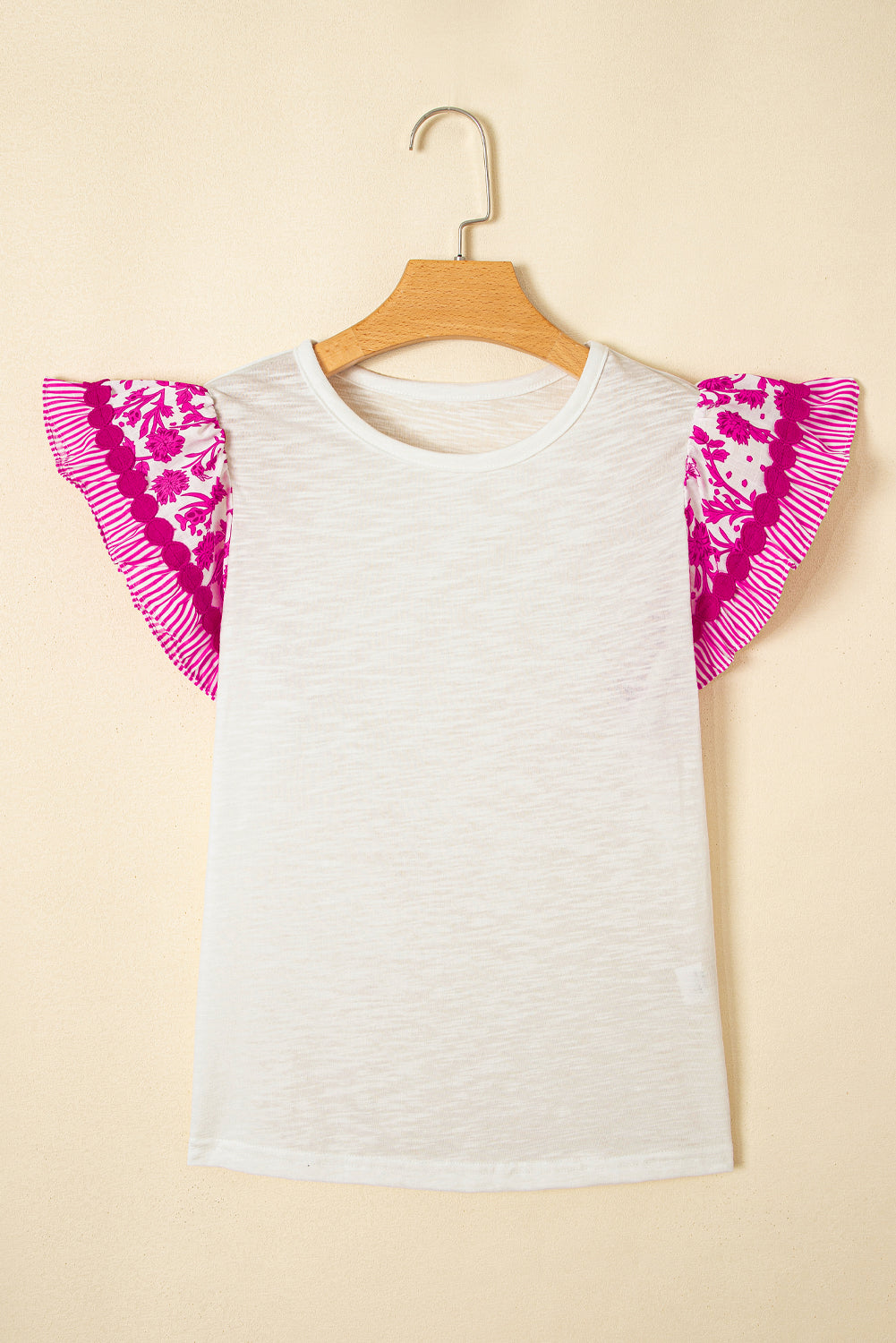 Rose Ricrac Trim Printed Flutter Sleeve Contrast Patchwork Blouse eAura