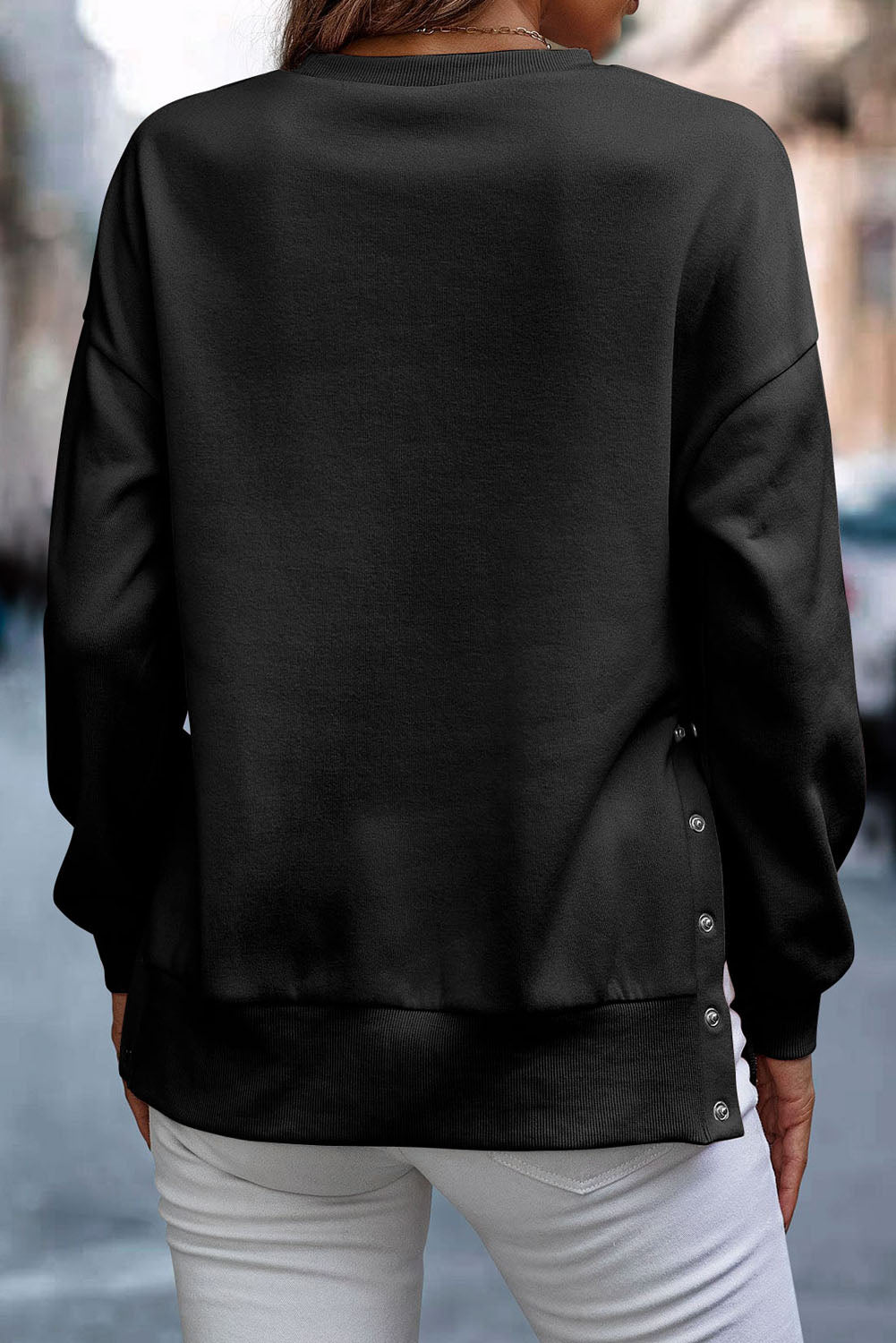 Black Snap Buttons Side Splits Pullover Sweatshirt eAura