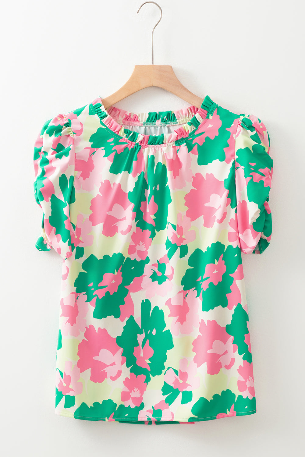 Green Abstract Print Frilly Neck Ruched Short Sleeve Blouse eAura