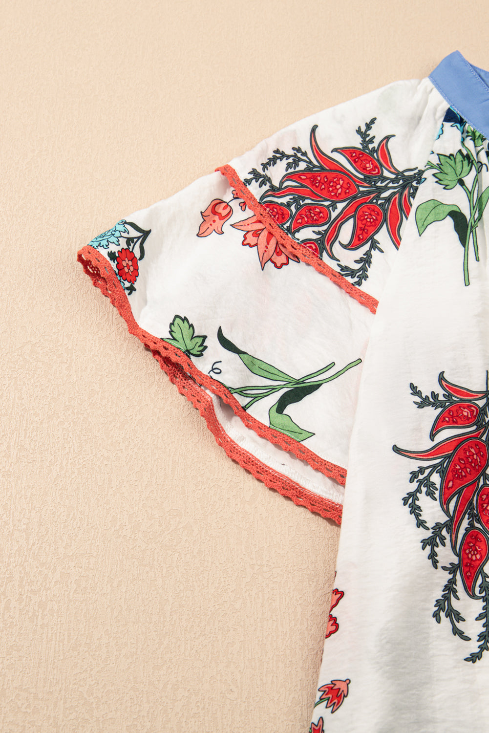 White Floral Print Contrast V Neck Tassel Tie Lace Detail Short Sleeve Blouse eAura