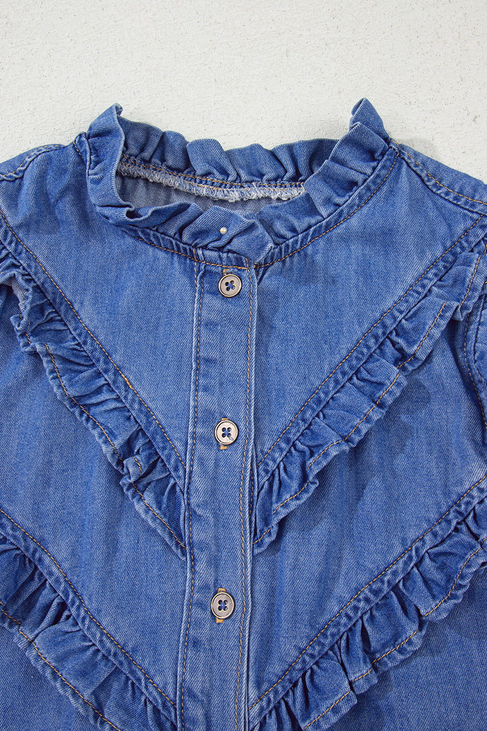 Mineral Wash Cap Sleeve Ruffled Button Up Denim Shirt eAura