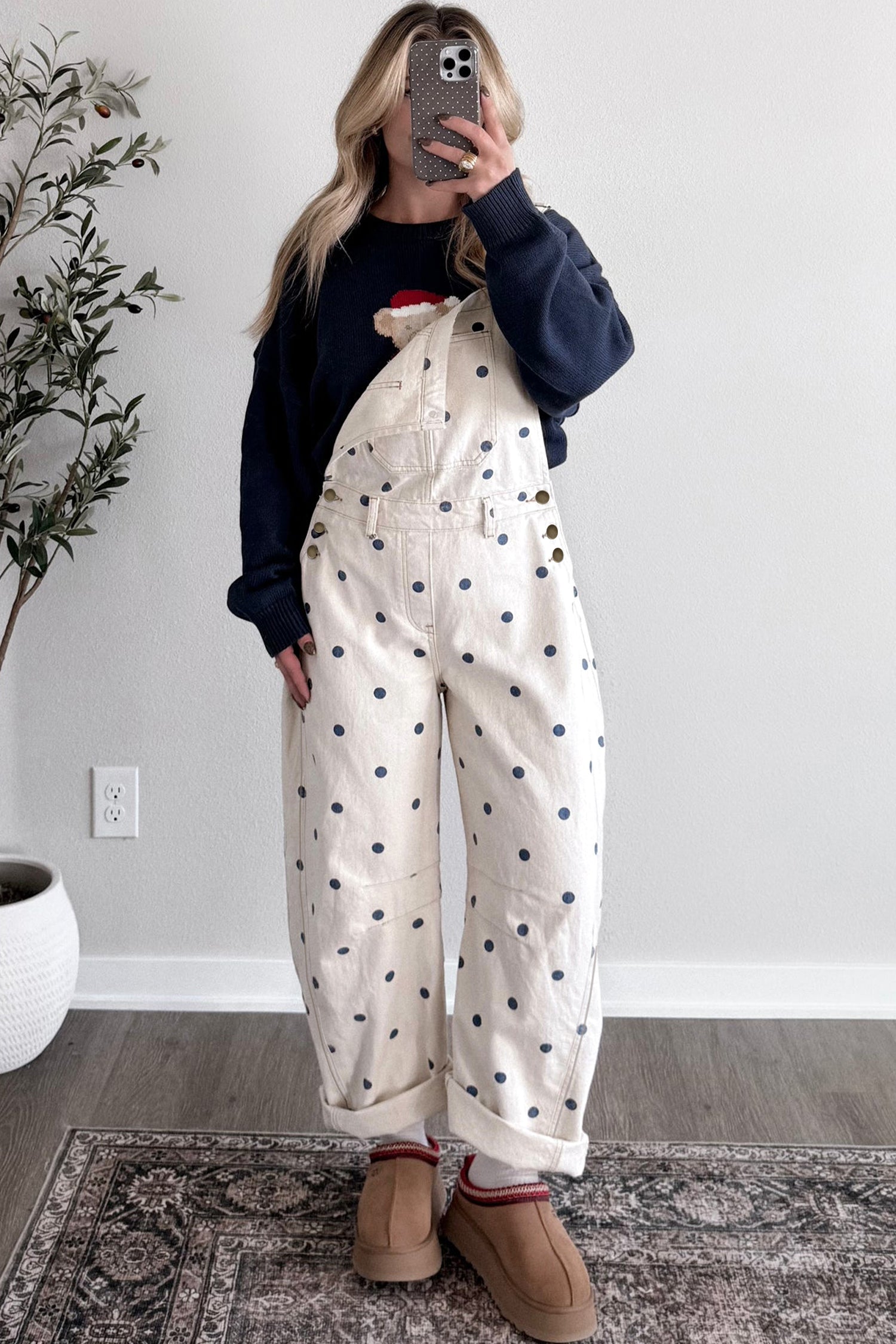 Polka Dot Print Bib Pocket Denim Barrel Overalls