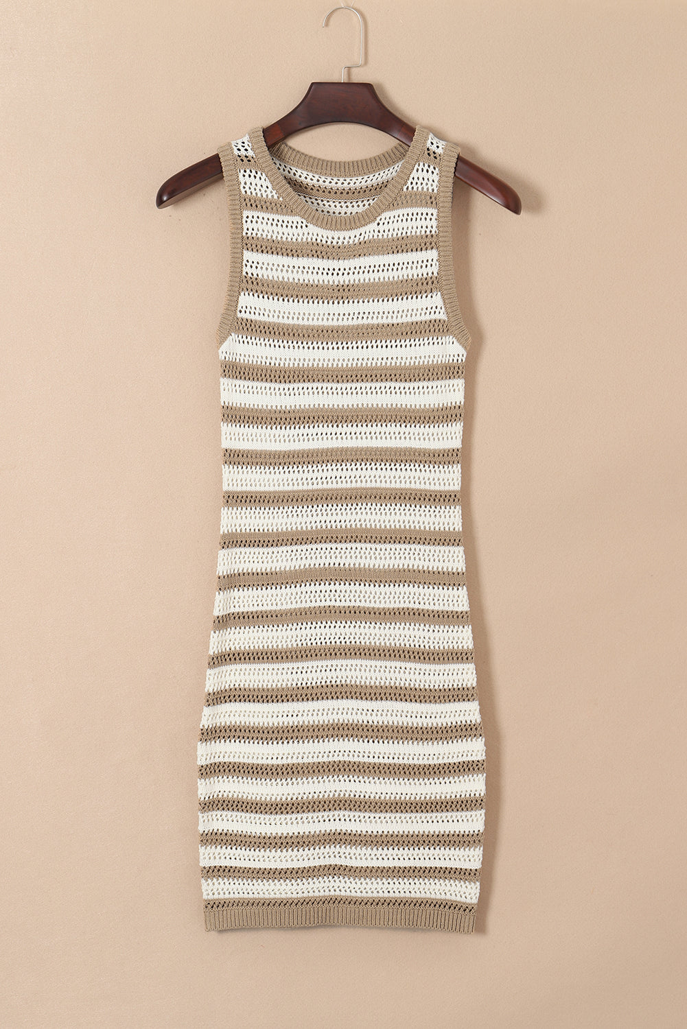 Khaki Stripe Hollowed Knit Sleeveless Sweater Dress eAura
