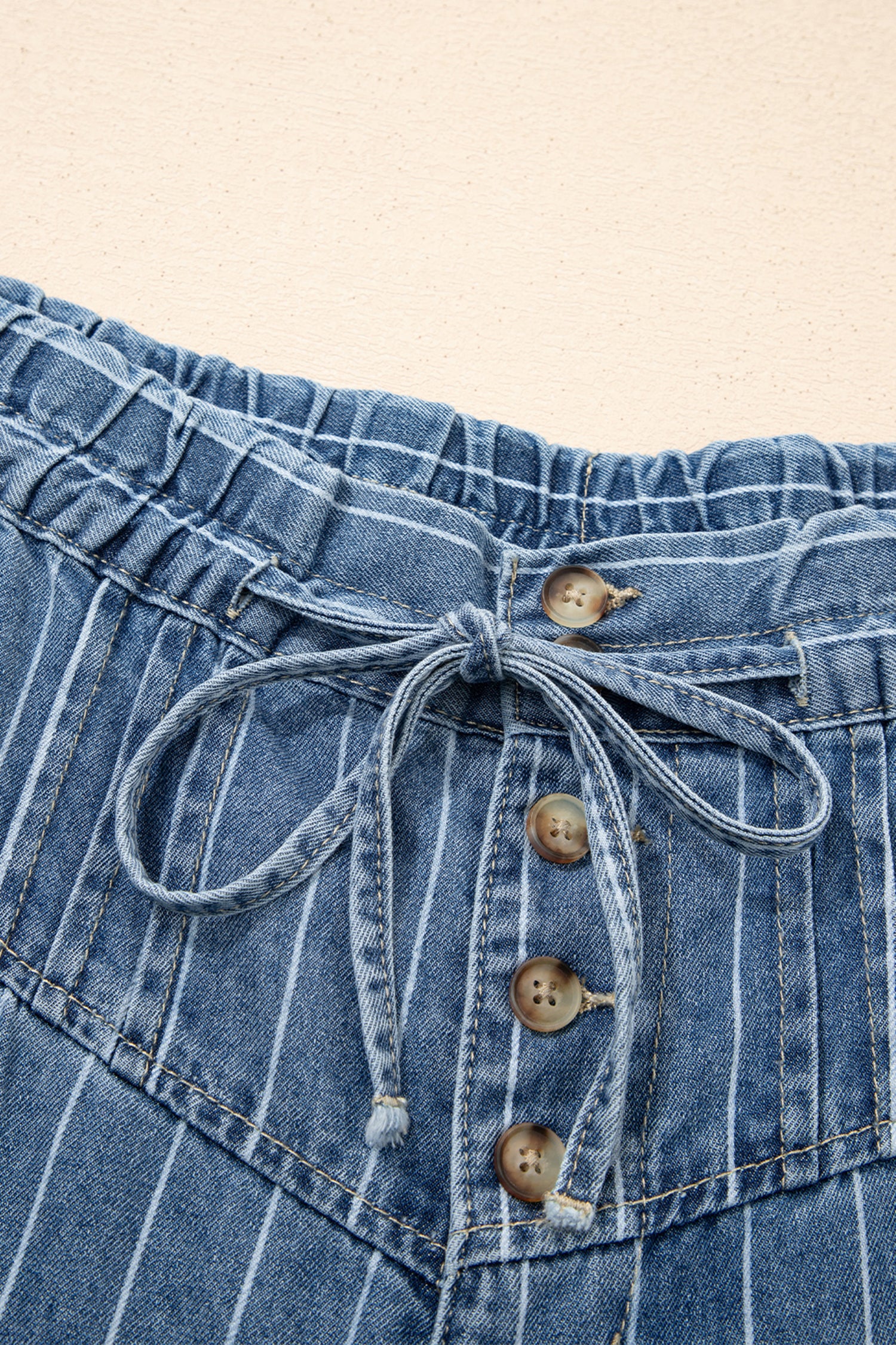 Button Pleated Drawstring Waist Casual Wide Leg Jeans – Sky Blue Stripe