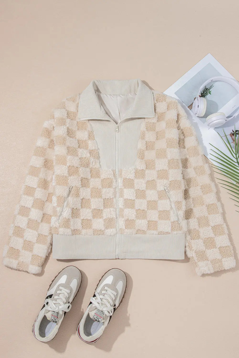 Checker Sherpa Corduroy Patchwork Zip up Collared Jacket