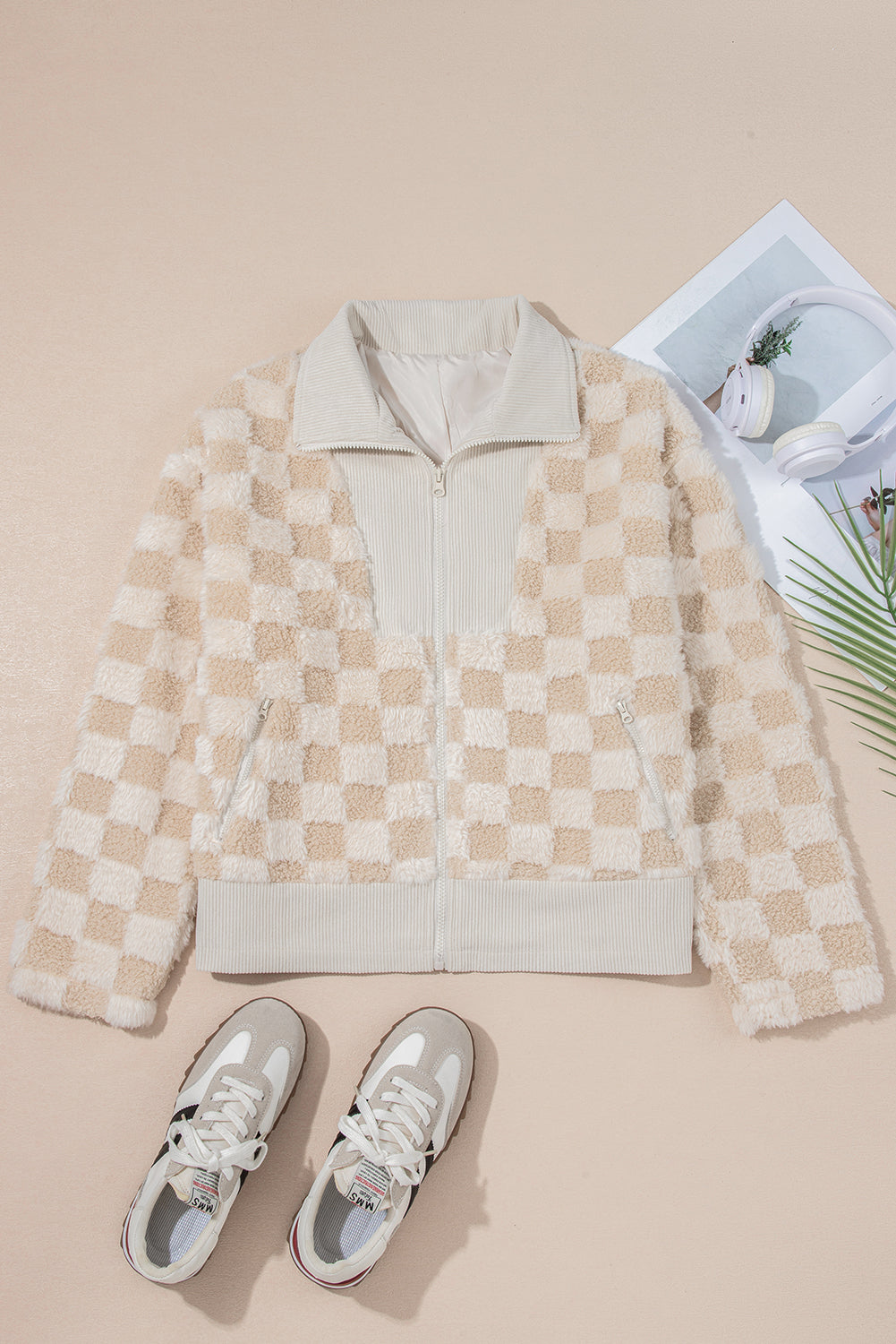 Checker Sherpa Corduroy Patchwork Zip up Collared Jacket eAura