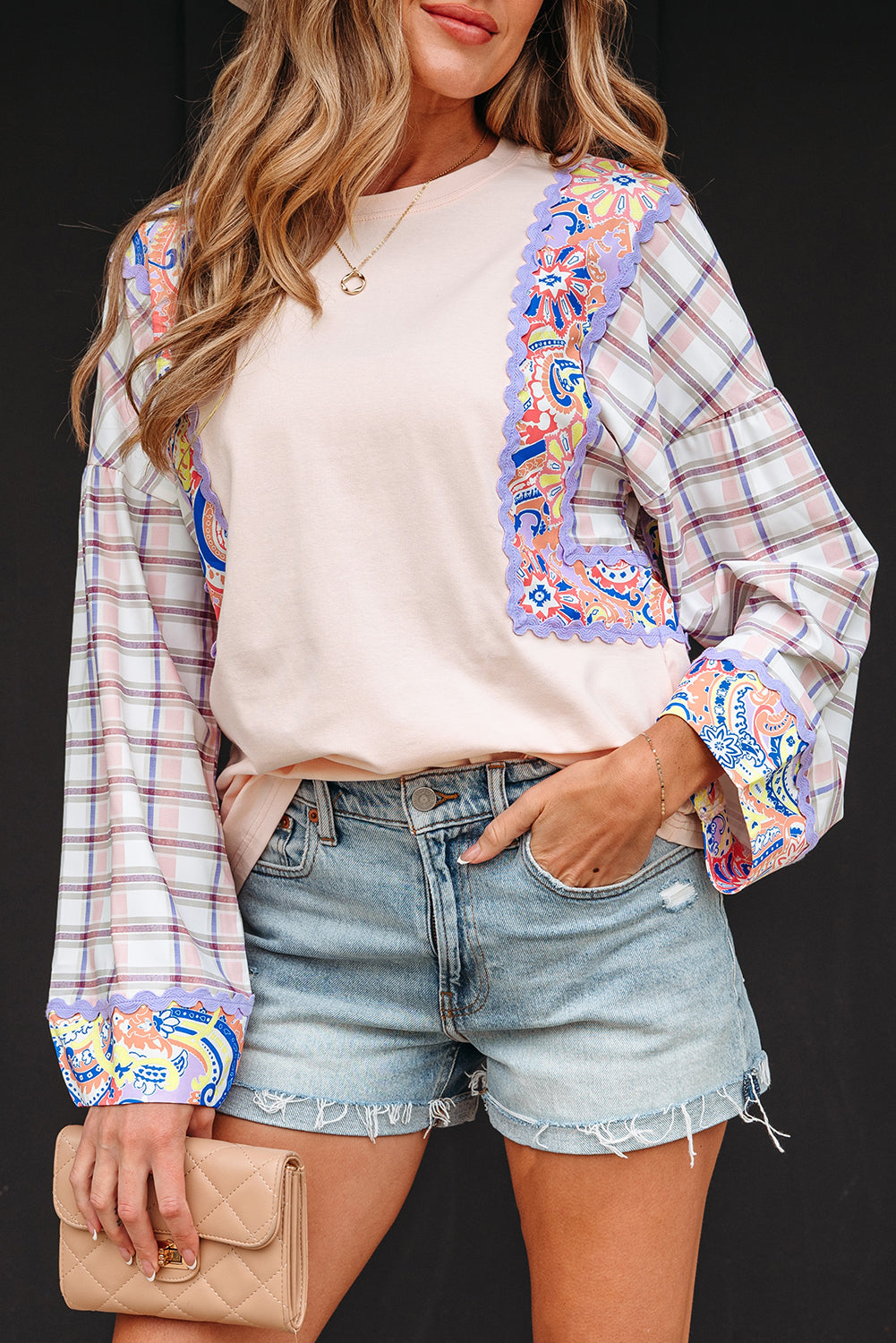 Ricrac Trim Floral Plaid Patchwork Puff Sleeve Blouse - eAura