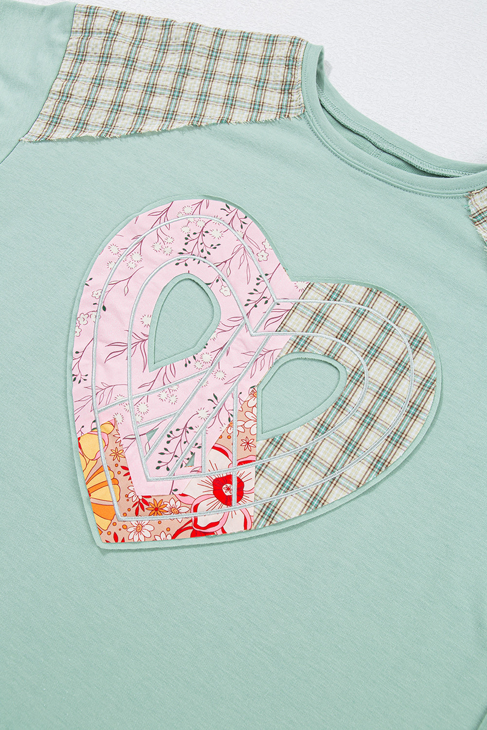 Clearly Aqua Plaid Floral Peace Heart Graphic Wide Long Sleeve Top Beagle Boutique Fashion Outlet