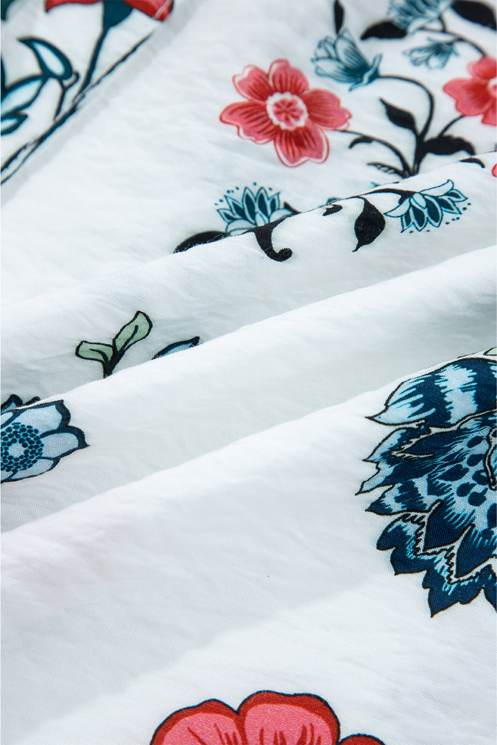 White Floral Print Frilled Collar V-Neck Long Sleeve Shirt - eAura