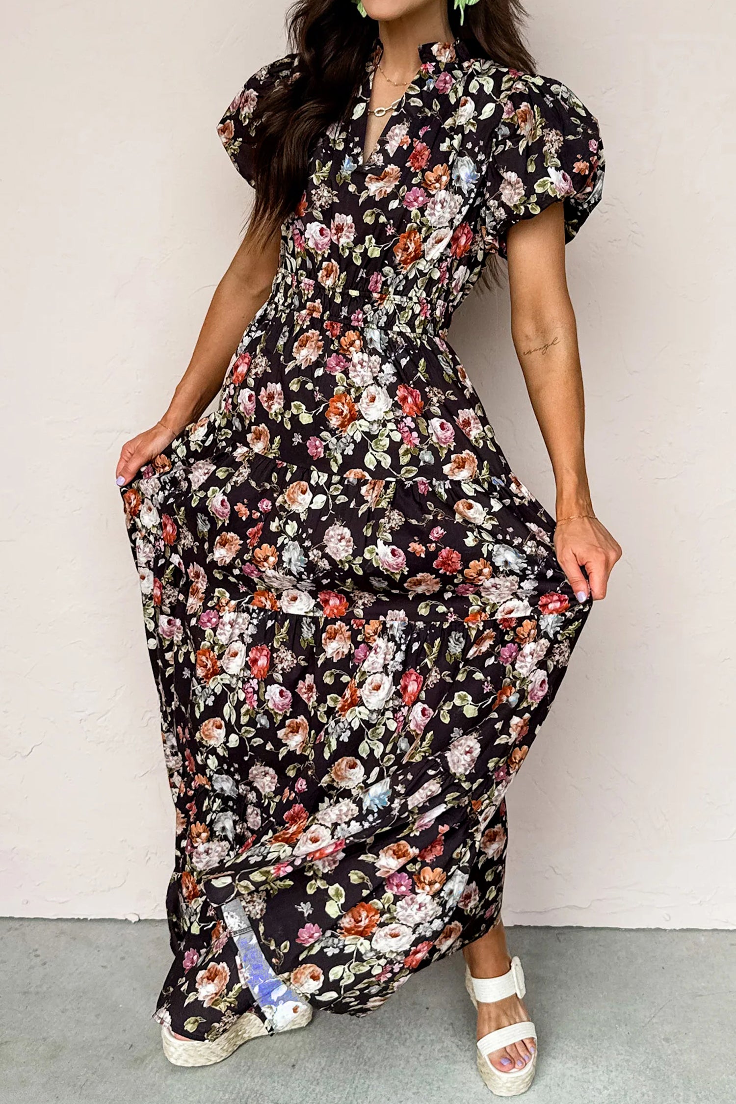 Floral Print V-Neck Pleated Tiered Maxi Dress