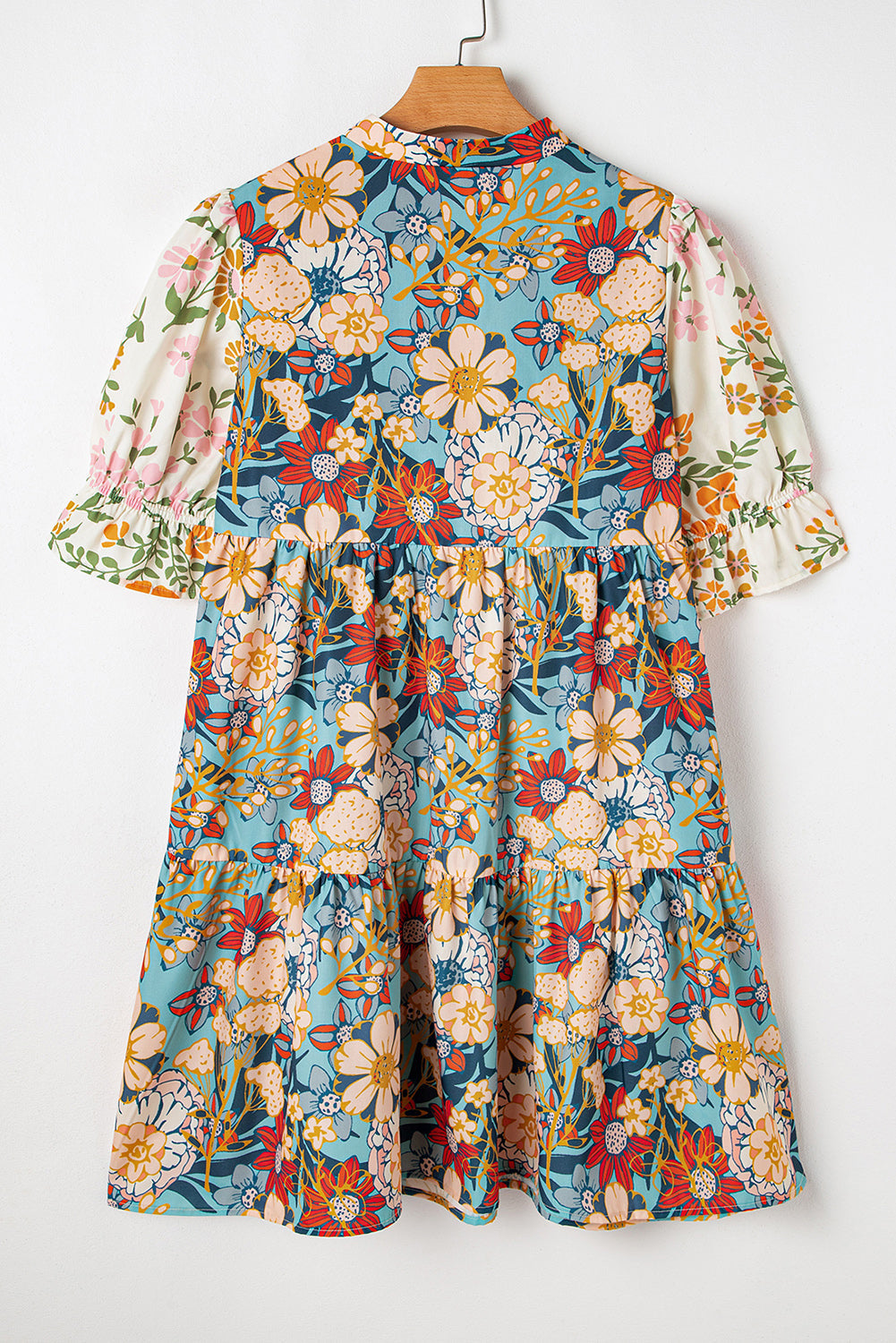 Multicolour Boho Floral Print Crochet Patchwork V Neck Loose Mini Dress eAura