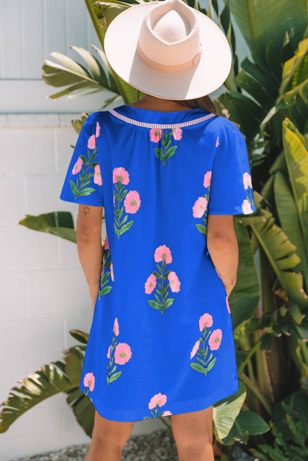 Blue Floral Short Sleeve Split Neck Loose Mini Dress eAura