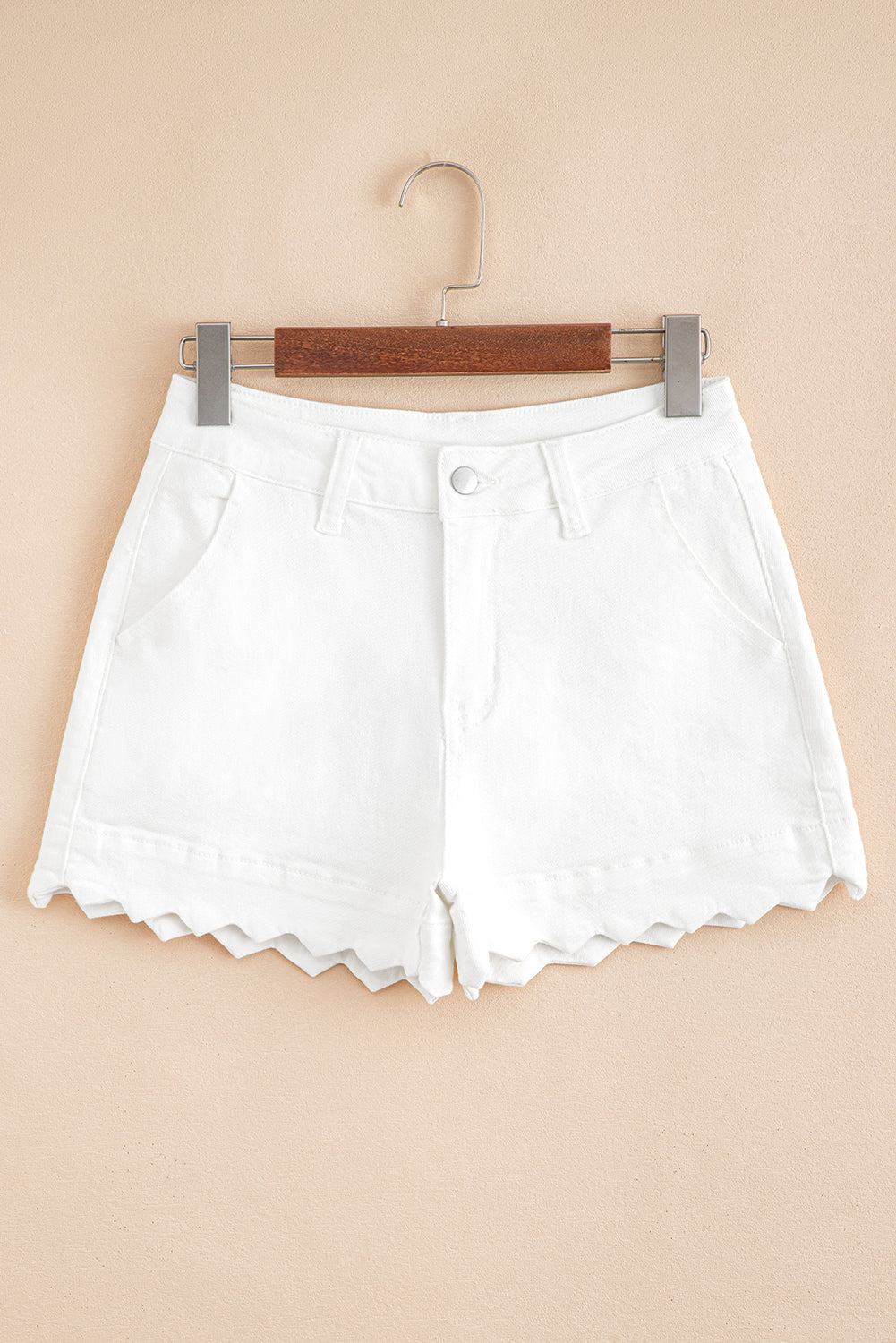 White Scalloped Hemline Acid Wash High Waist Denim Shorts eAura