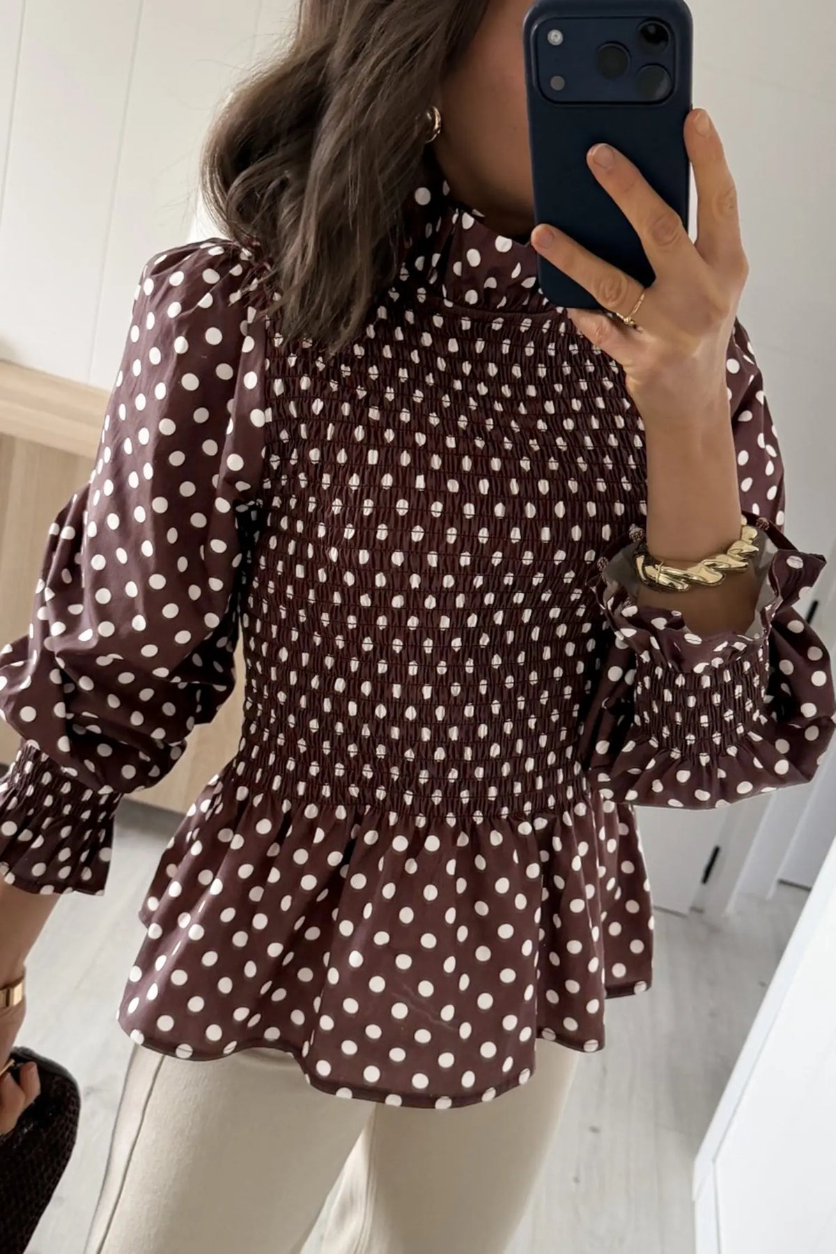 Polka Dot Ruffled High Neck Shirred Ruffle Hem Blouse – Brown