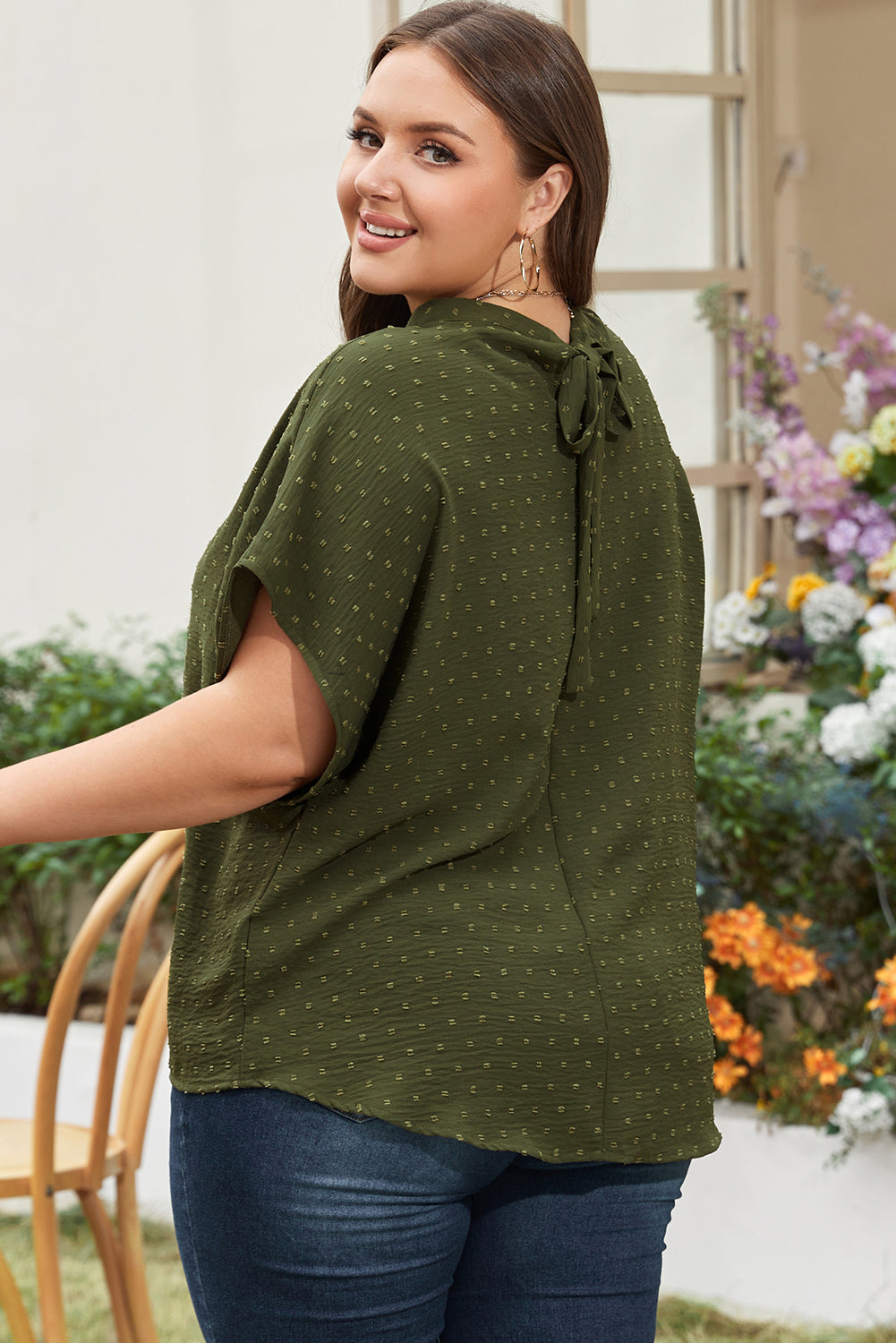Moss Green Plus Size Swiss Dot Mock Neck Tied Nape Top BB Fashion Outlet