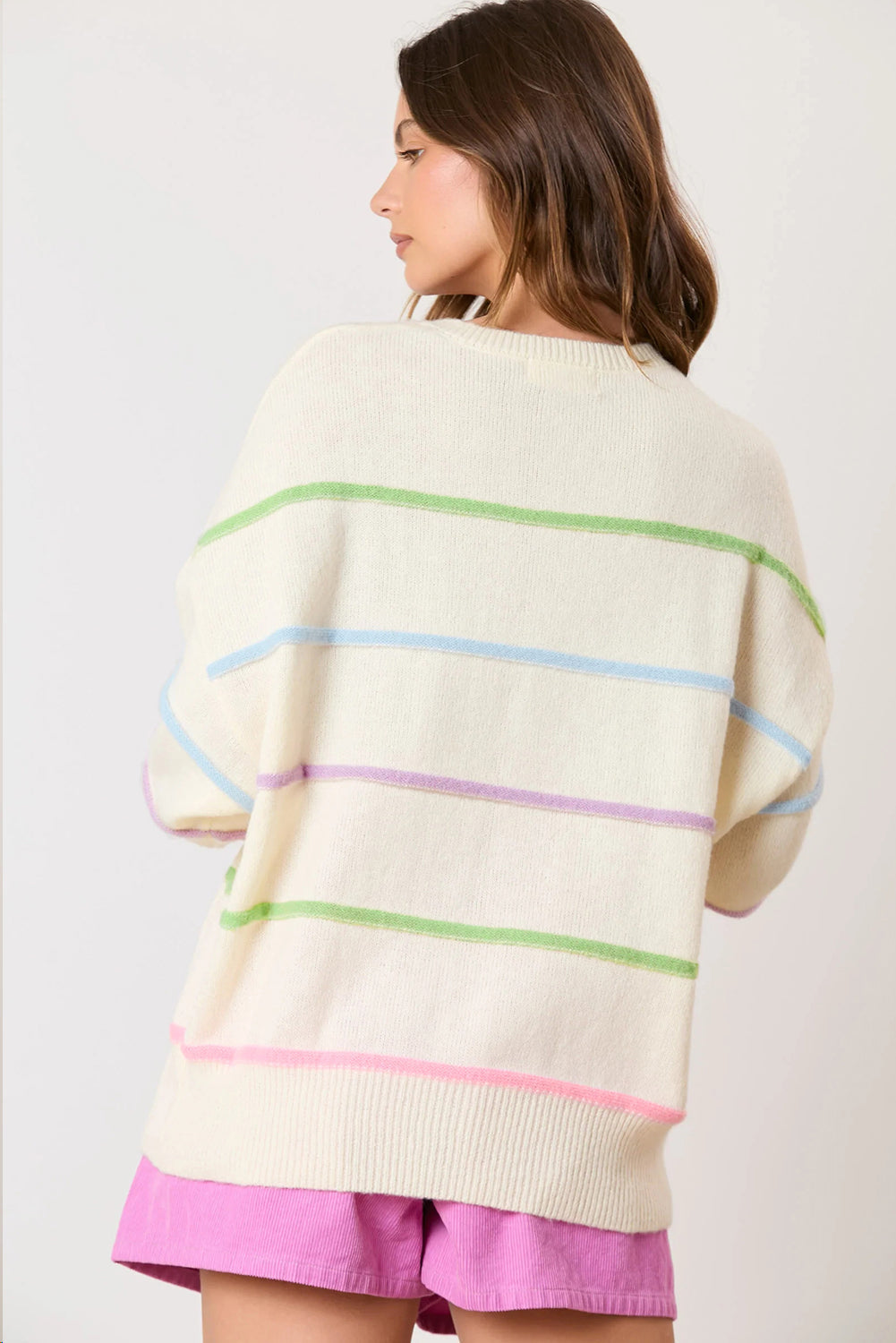 White Rainbow Stripes Drop Shoulder Baggy Henley Sweater eAura