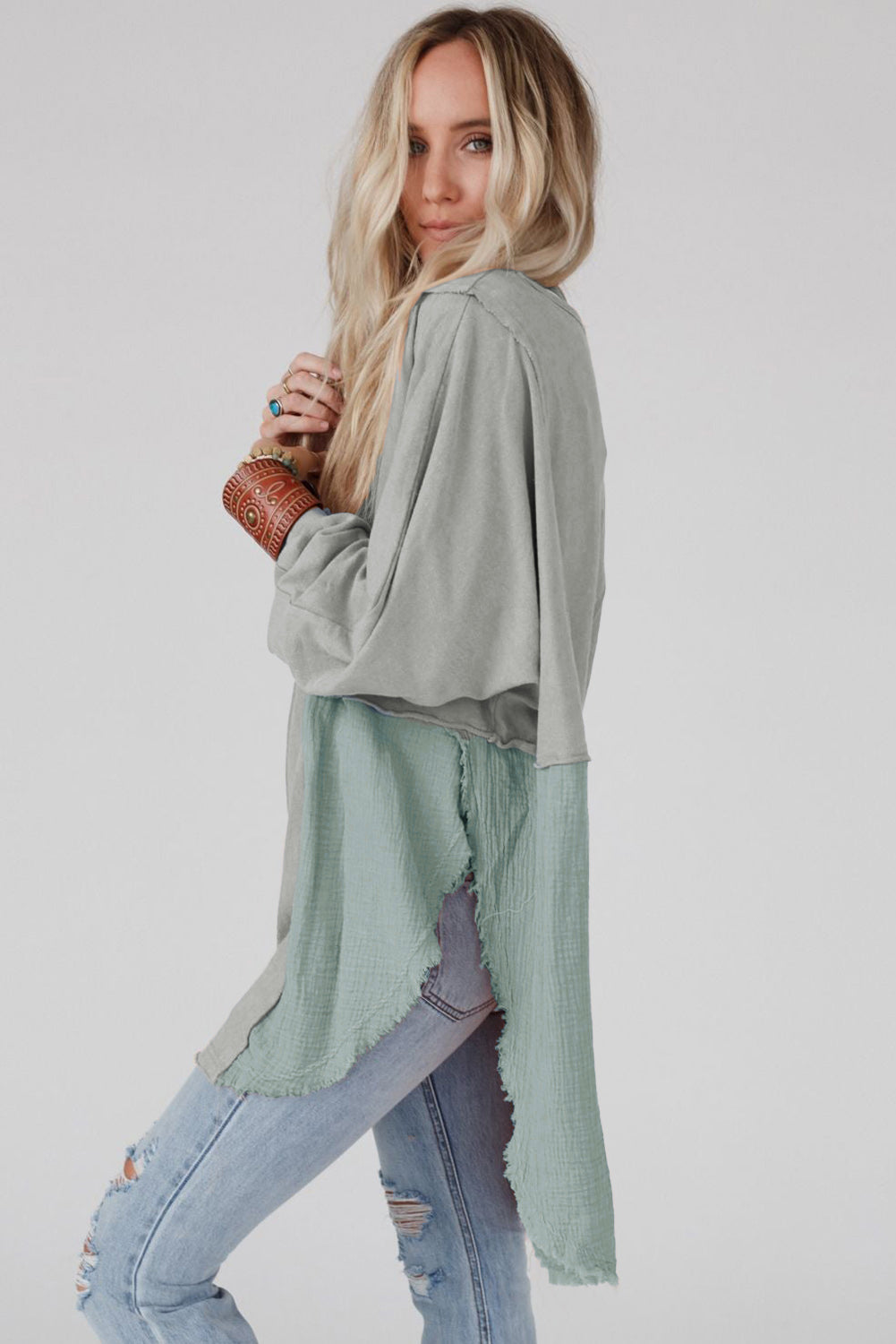 Camel Crinkle Splicing Raw Hem High Low Oversized Blouse eAura