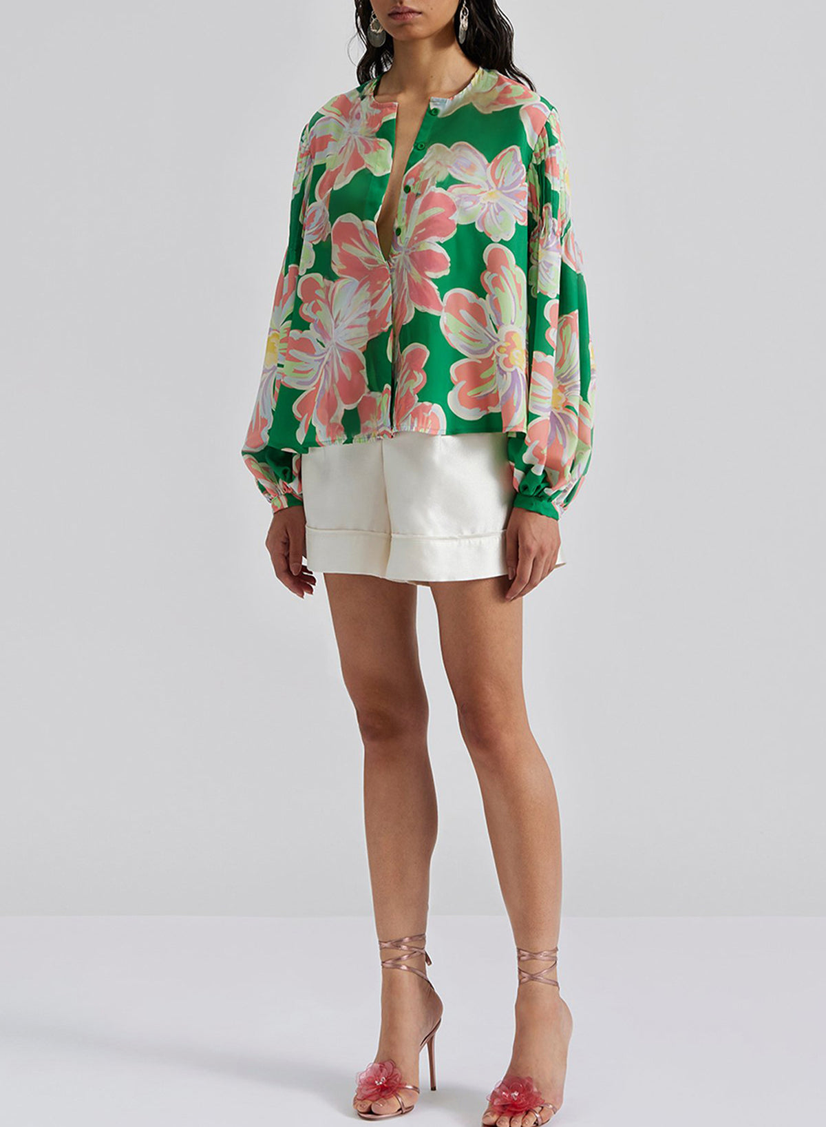 Green Floral Print Button up Pleated Puff Sleeve Loose Shirt eAura