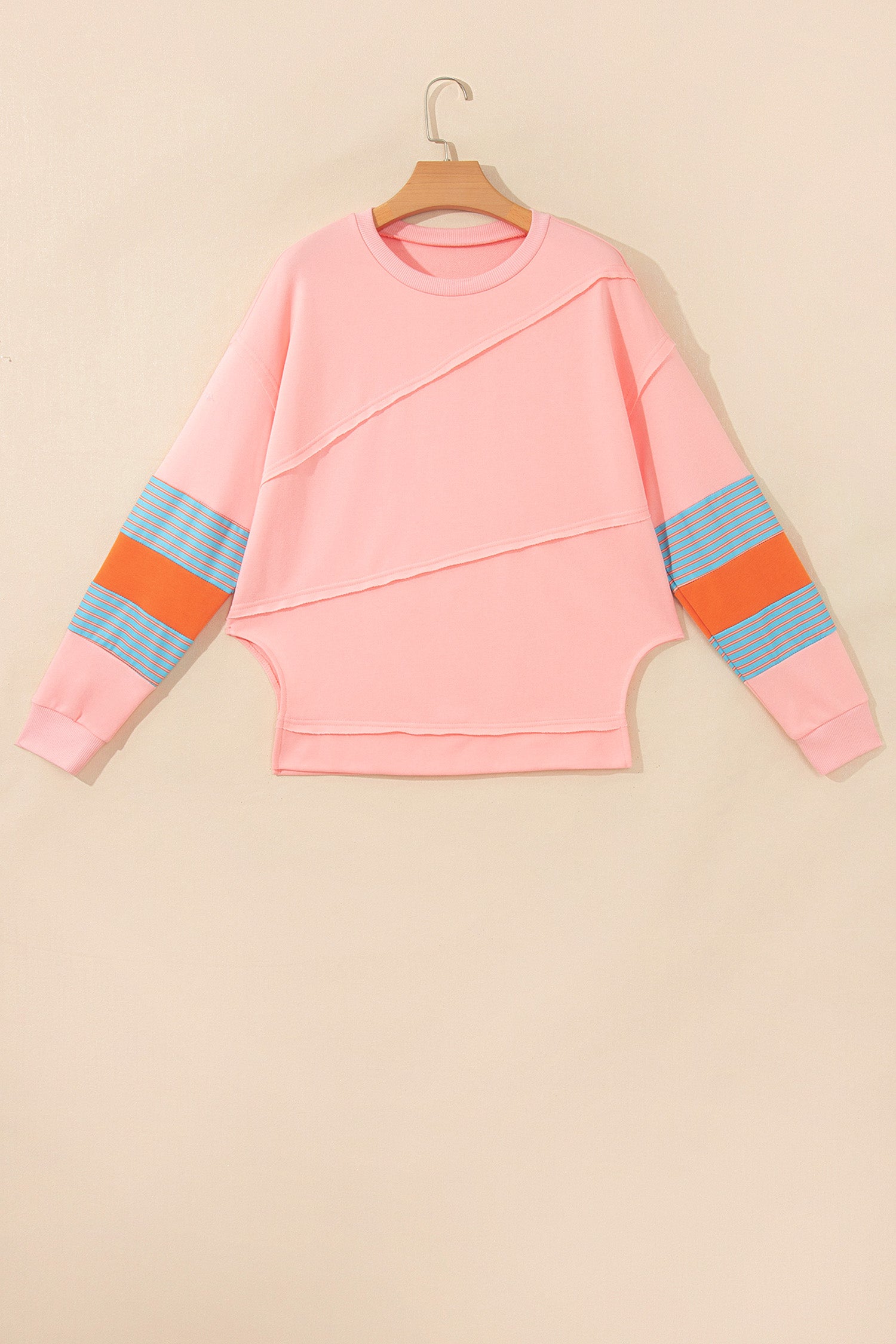 Colorblock Striped Patchwork Long Sleeve Round Neck Blouse – Pink