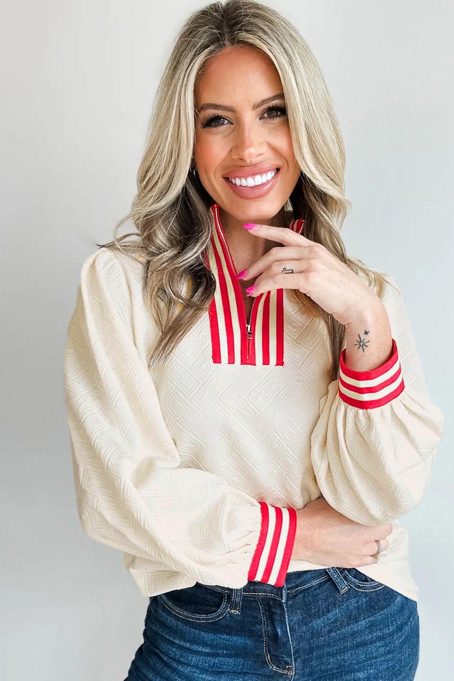 Textured Contrast Striped Accent Zip Collar Pullover Top - eAura