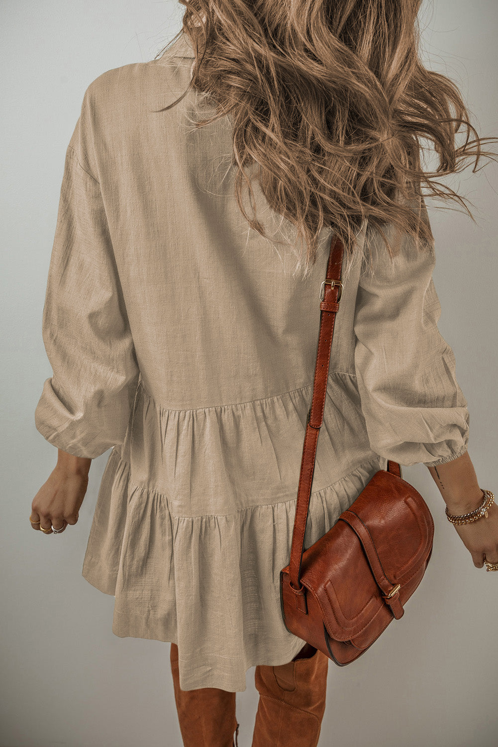 Tan Puff Sleeve Buttoned Tiered Pleated Shirt Mini Dress Beagle Boutique Fashion Outlet