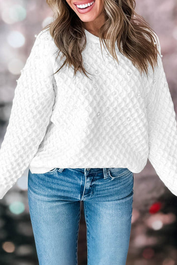 Solid Textured Knit Pearl Embellished Pullover Sweater – White