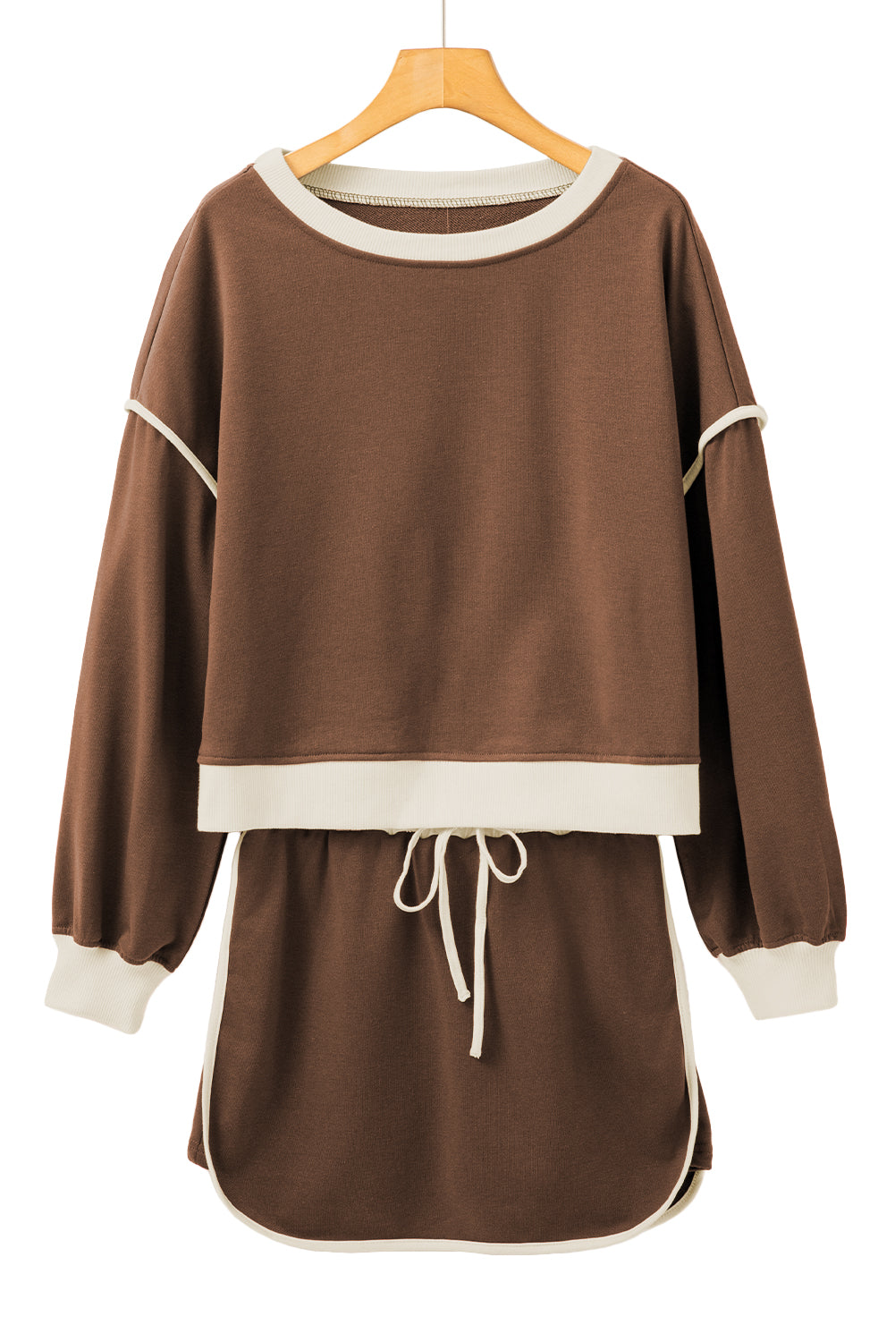 Coffee Colour Contrast Loose Pullover and Lace-up Waist Skort Set eAura