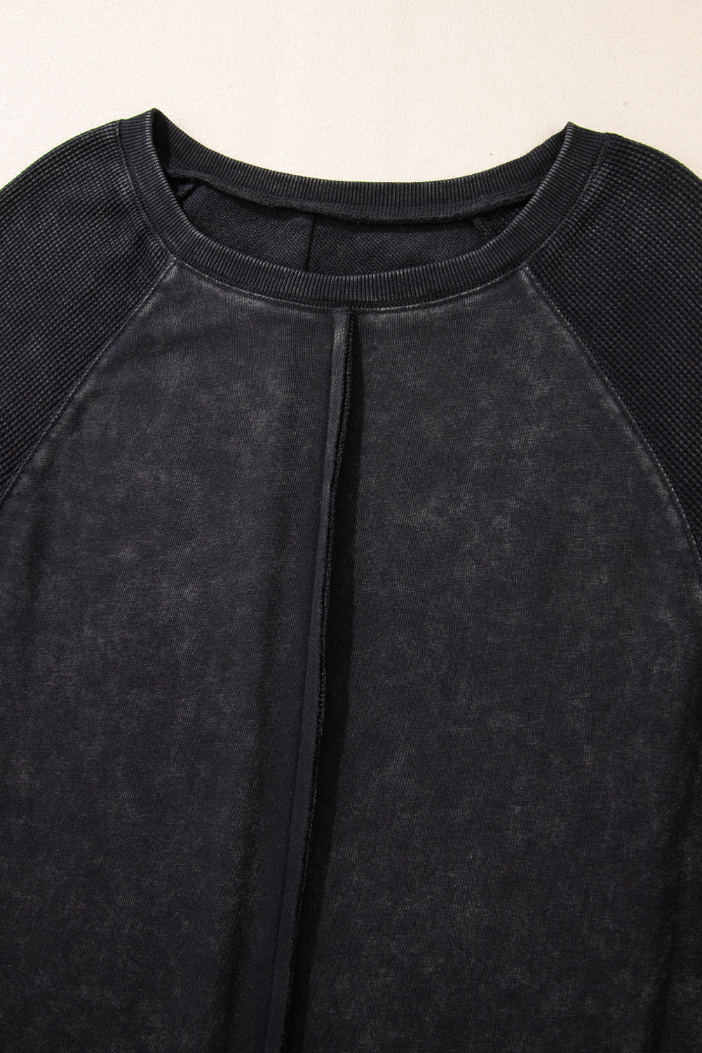 Black Solid Waffle Knit Patchwork Raglan Sleeve Sweatshirt Dear-Lover Dropshipping