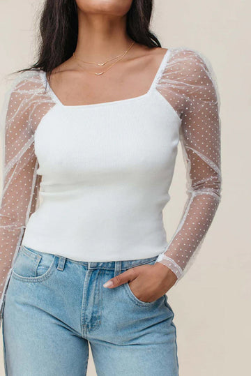 White Swiss Dot Mesh Long Sleeve Square Neck Slim Top eAura