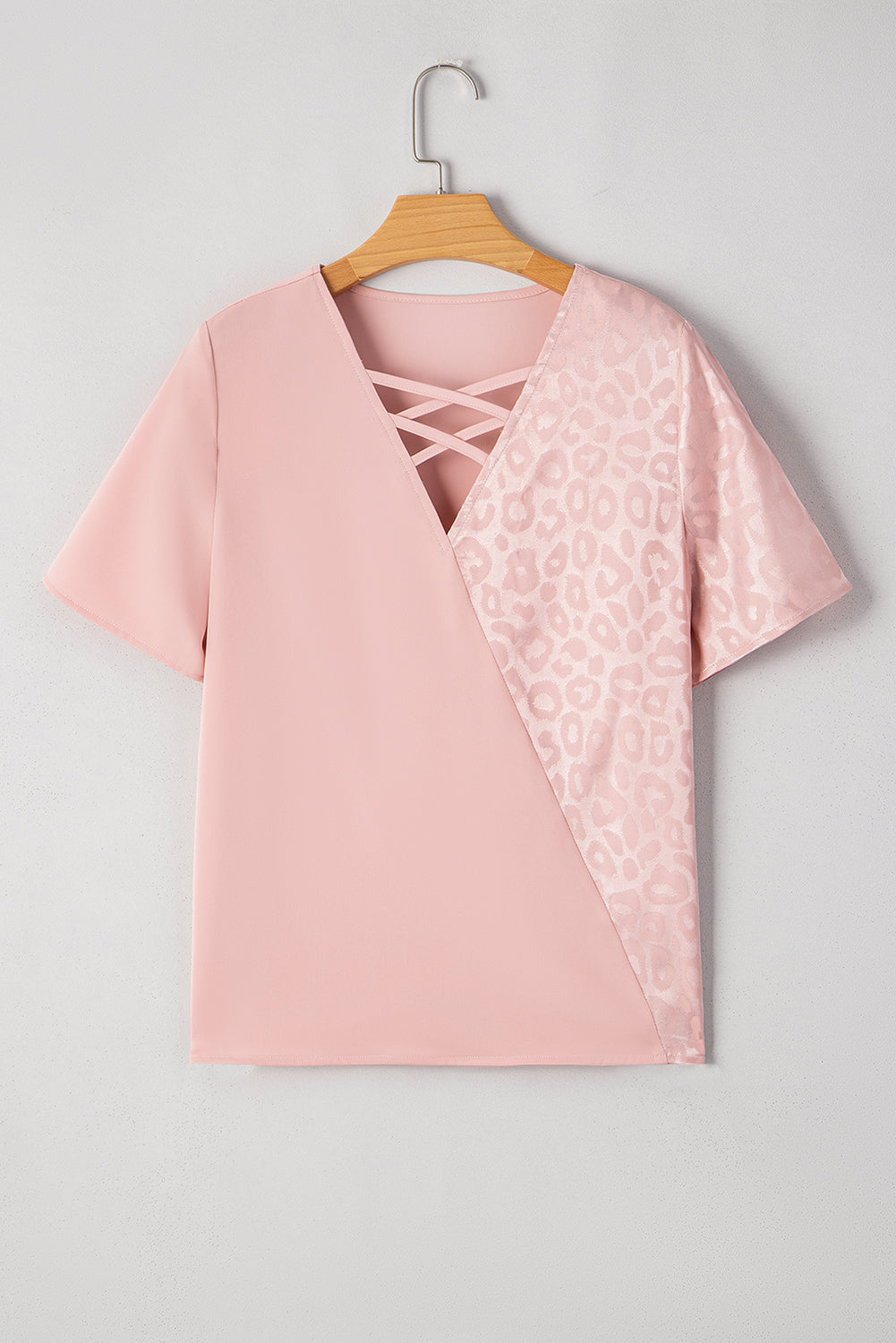 Pink Leopard Jacquard Patchwork Crisscross V-Neck Short Sleeve Blouse eAura