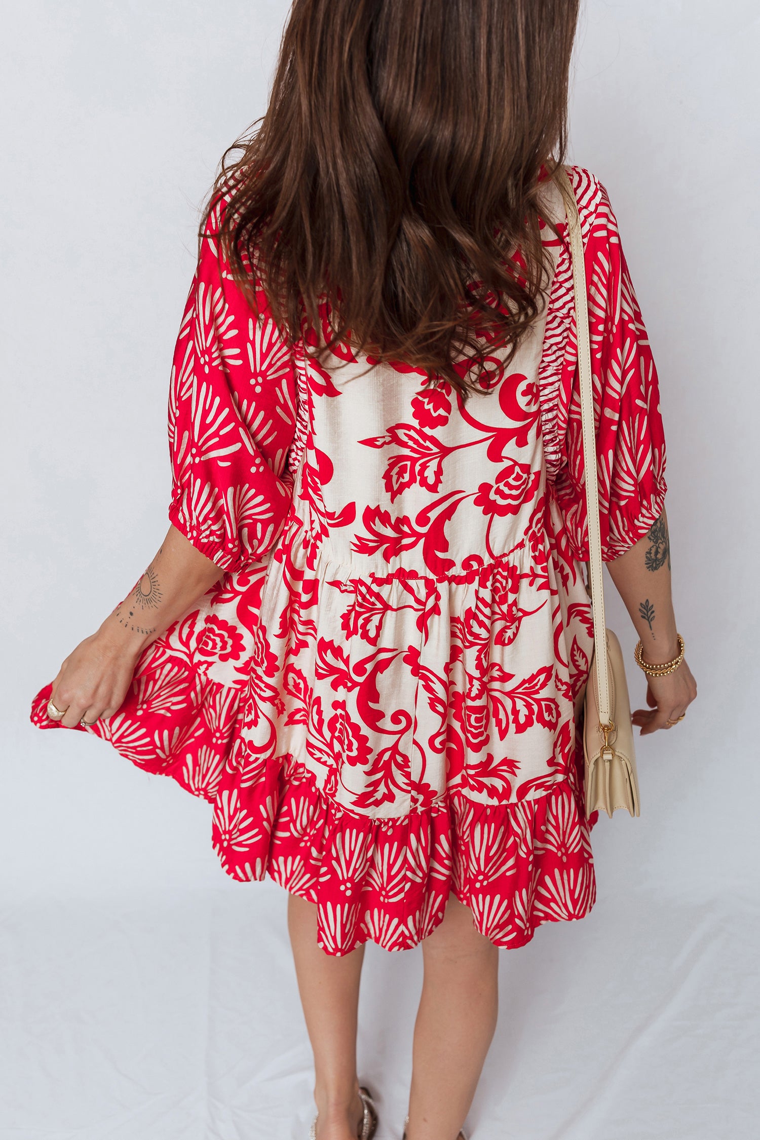 Collared V-Neck Half Sleeve Loose Floral Mini Dress