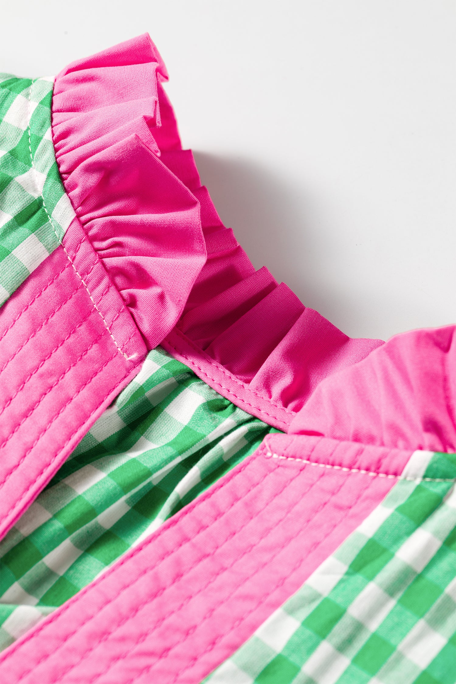 Gingham Plaid Bubble Sleeve Colorblock Trim V Neck Blouse – Green