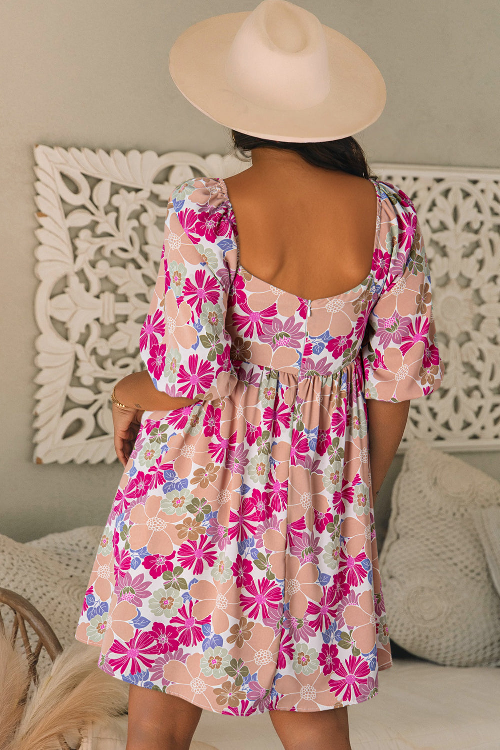 Rose Summer Floral Square Neck Puff Sleeve Babydoll Dress BB Fashion Outlet