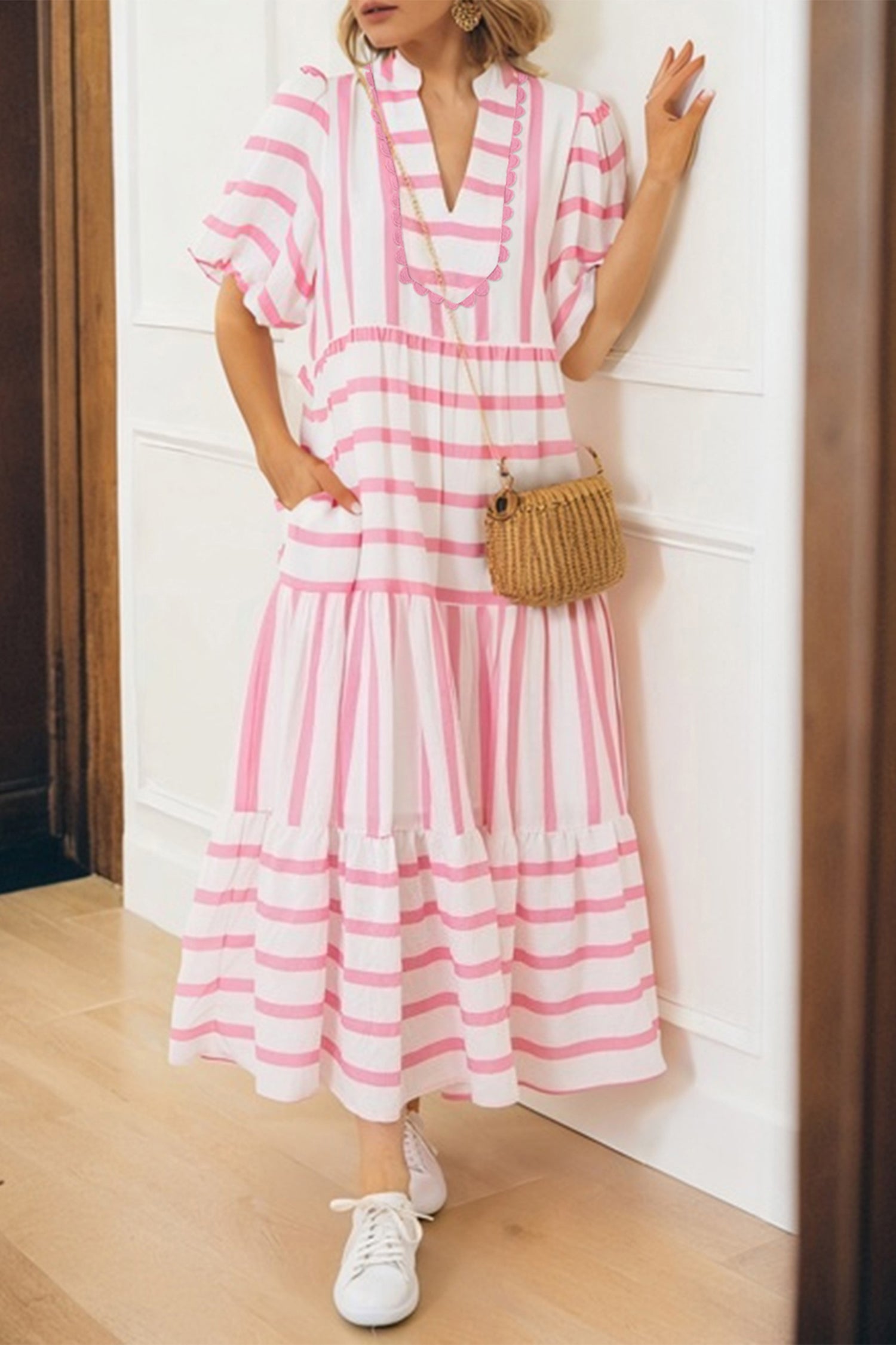 Stripe RicRac Trim Notched Neck Half Sleeve Long Dress