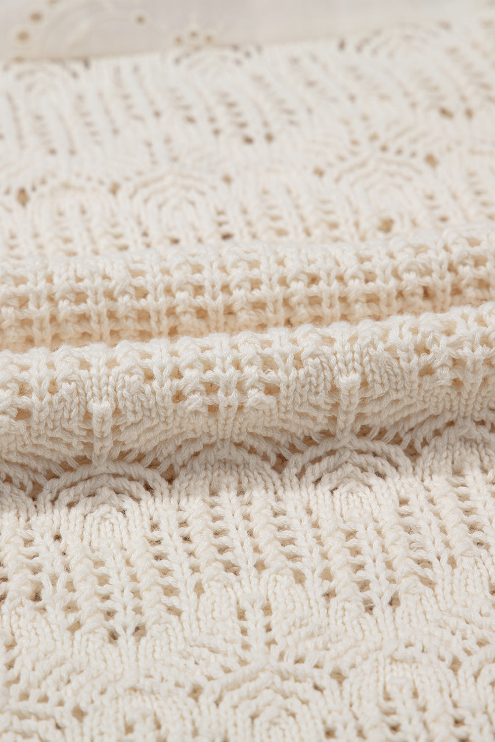 Beige Embroidered Patchwork Hollow Out Knitted Ruffle Top eAura