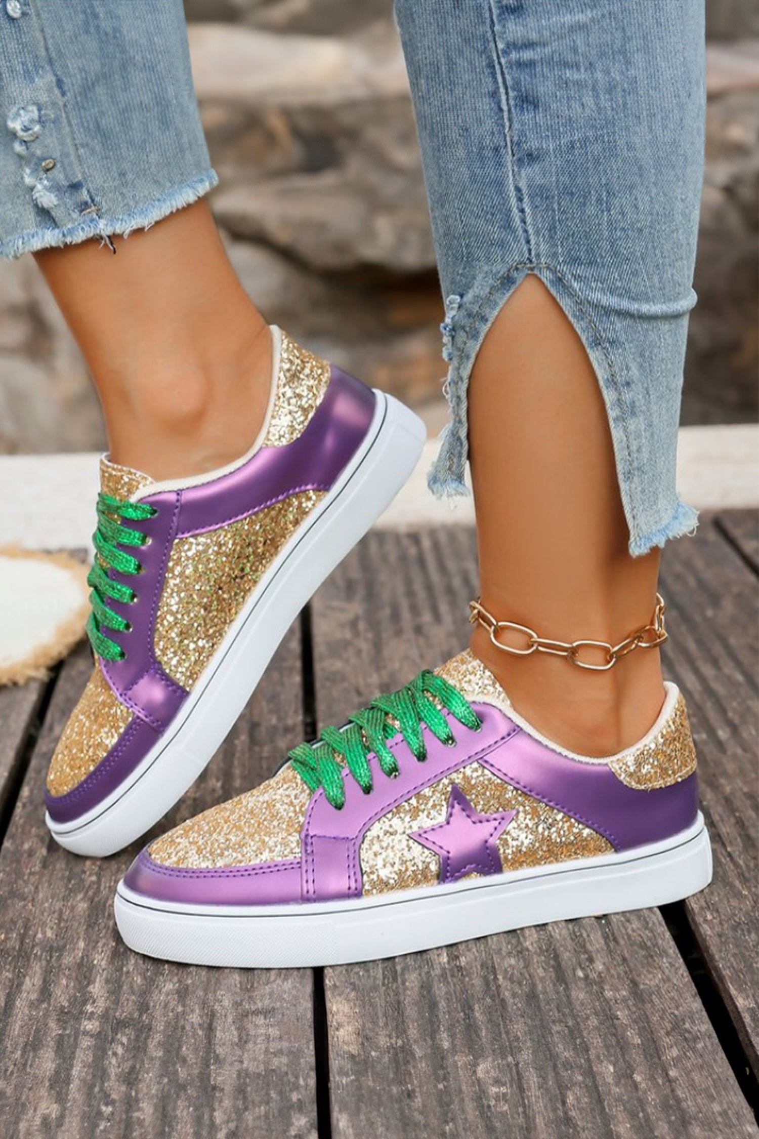 Purple Glitter Star Patchwork PU Leather Lace-up Sneakers - Shoes/trainers