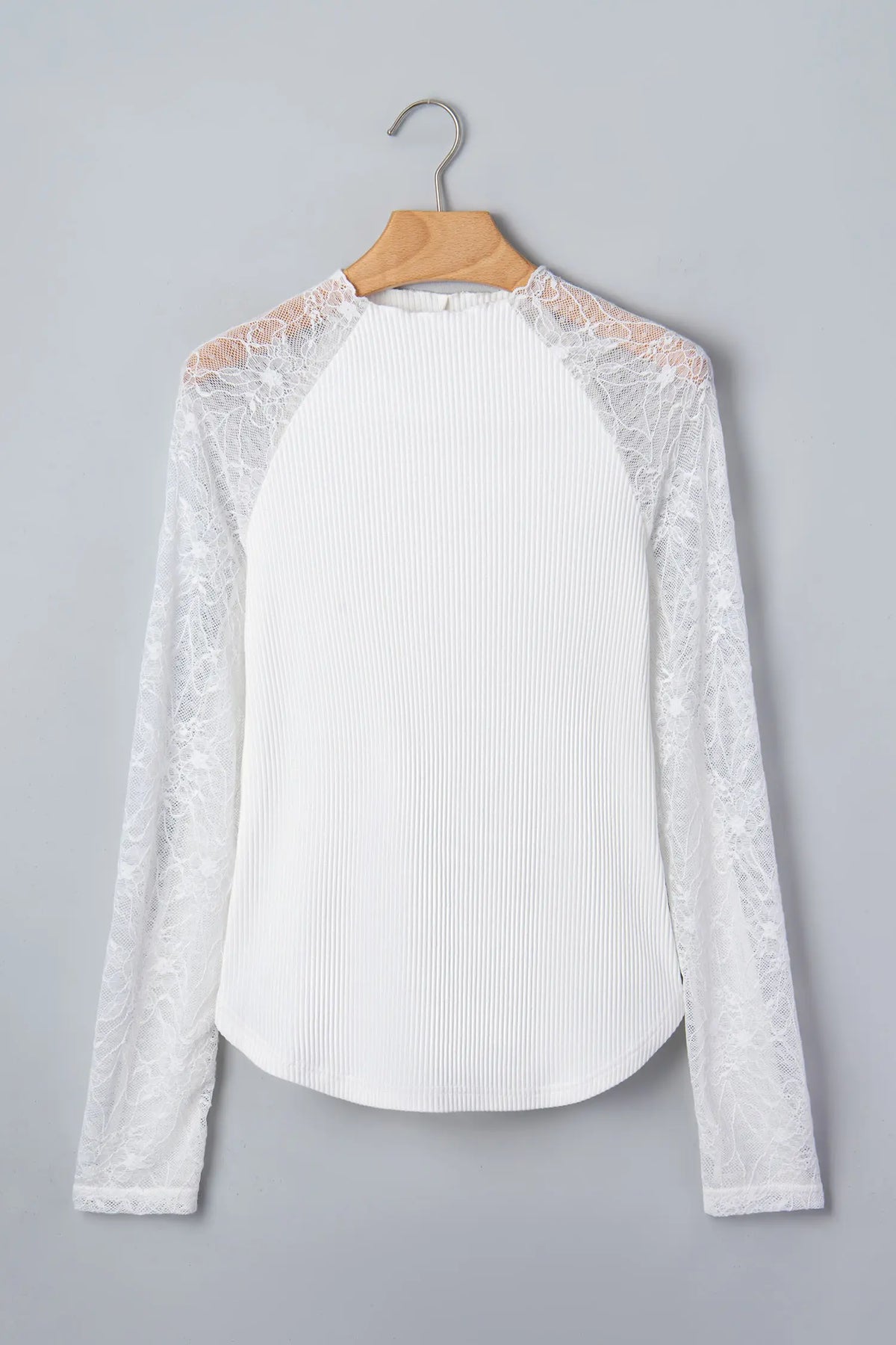 Beige Sheer Lace Long Sleeve Ribbed Slim Top