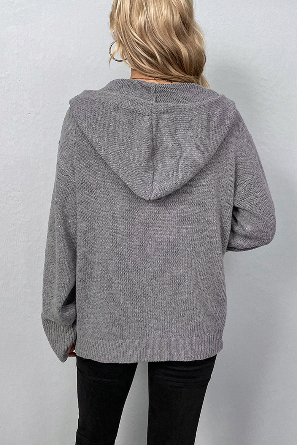 Medium Grey Drawstring Hooded Button Up Drop Shoulder Sweater Cardigan eAura