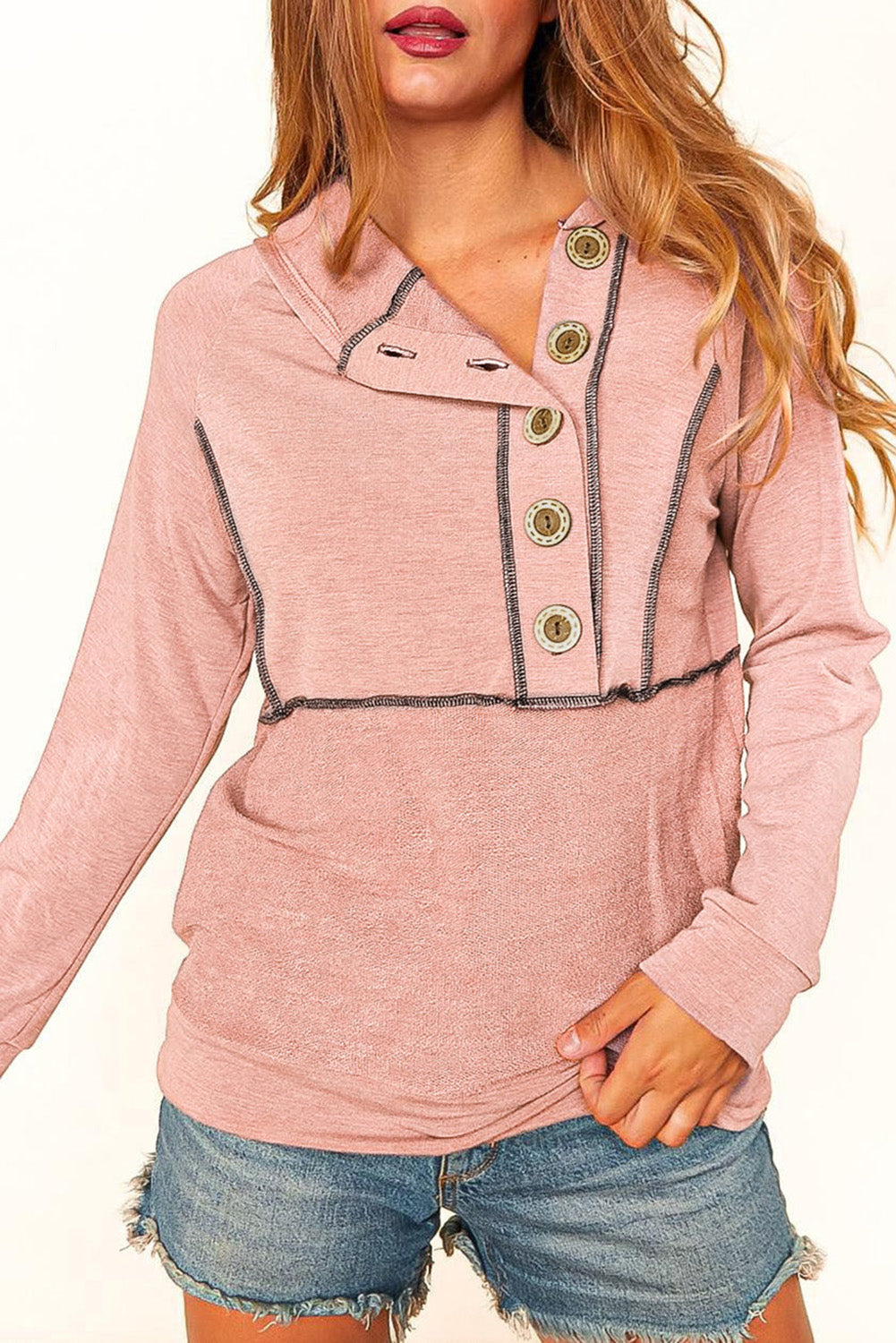 Pink Buttons Front Princess Line Out Seam Hoodie eAura
