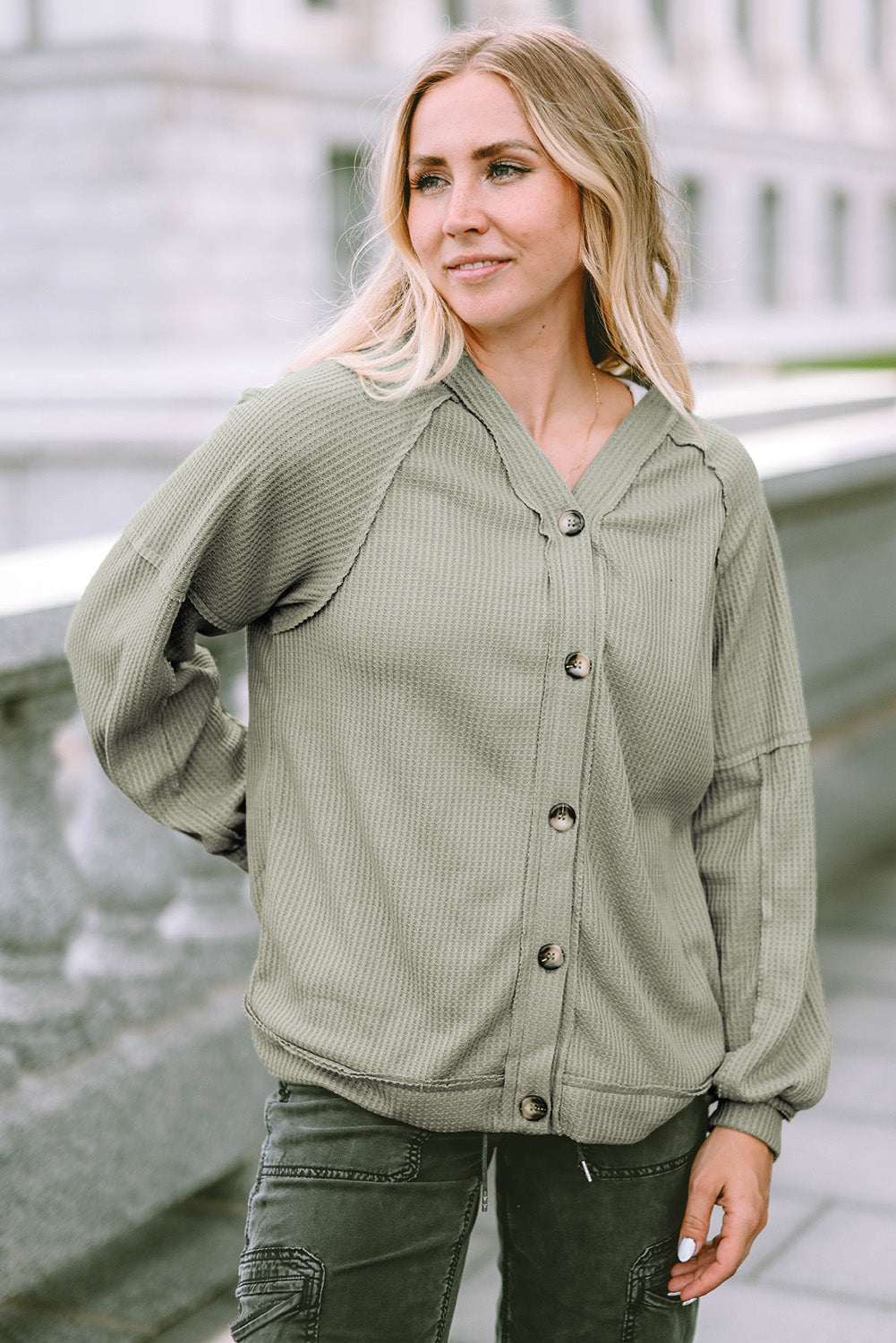 Green Exposed Seam Buttons Front Waffle Knit Cardigan eAura